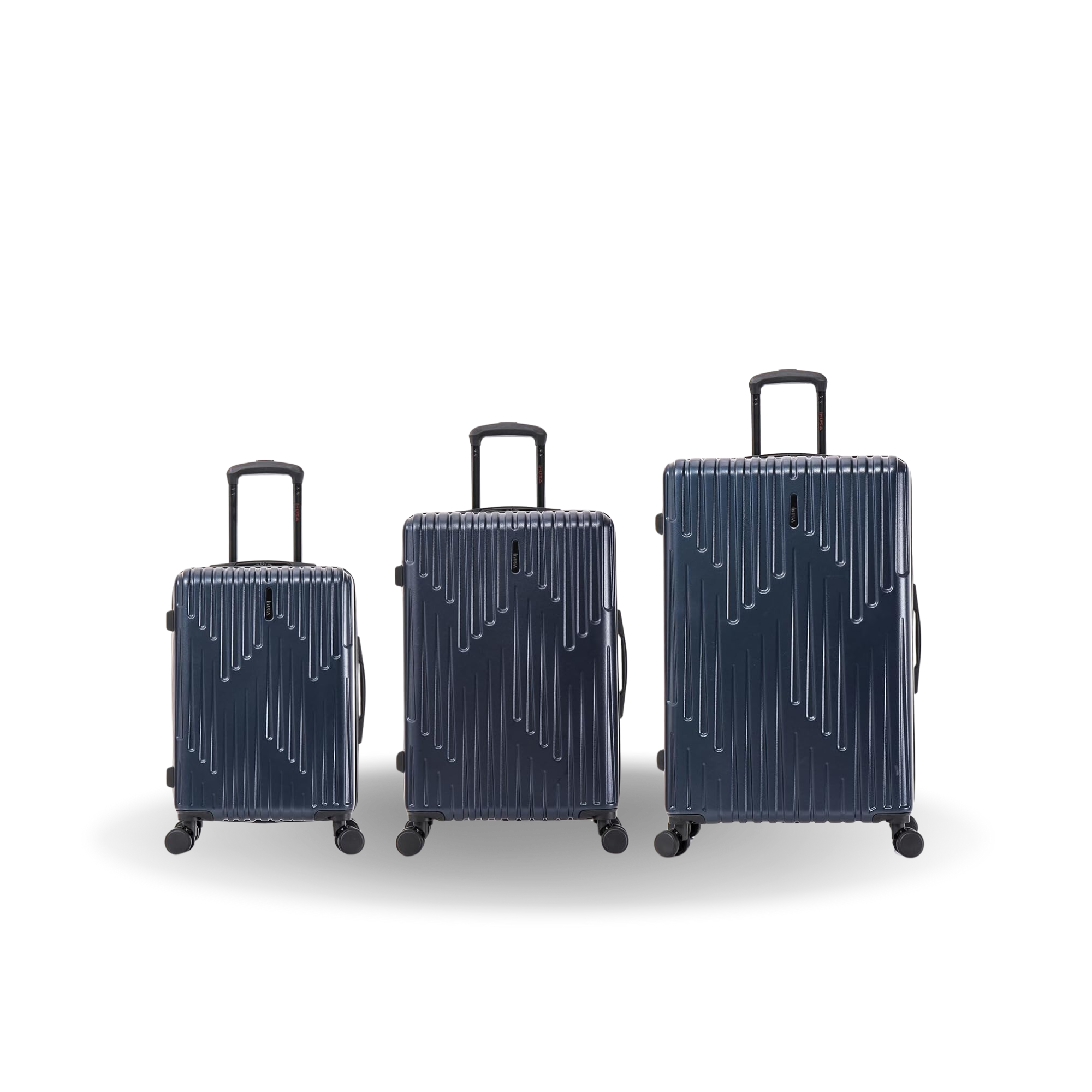 Three navy blue suitcases of different sizes on a white background