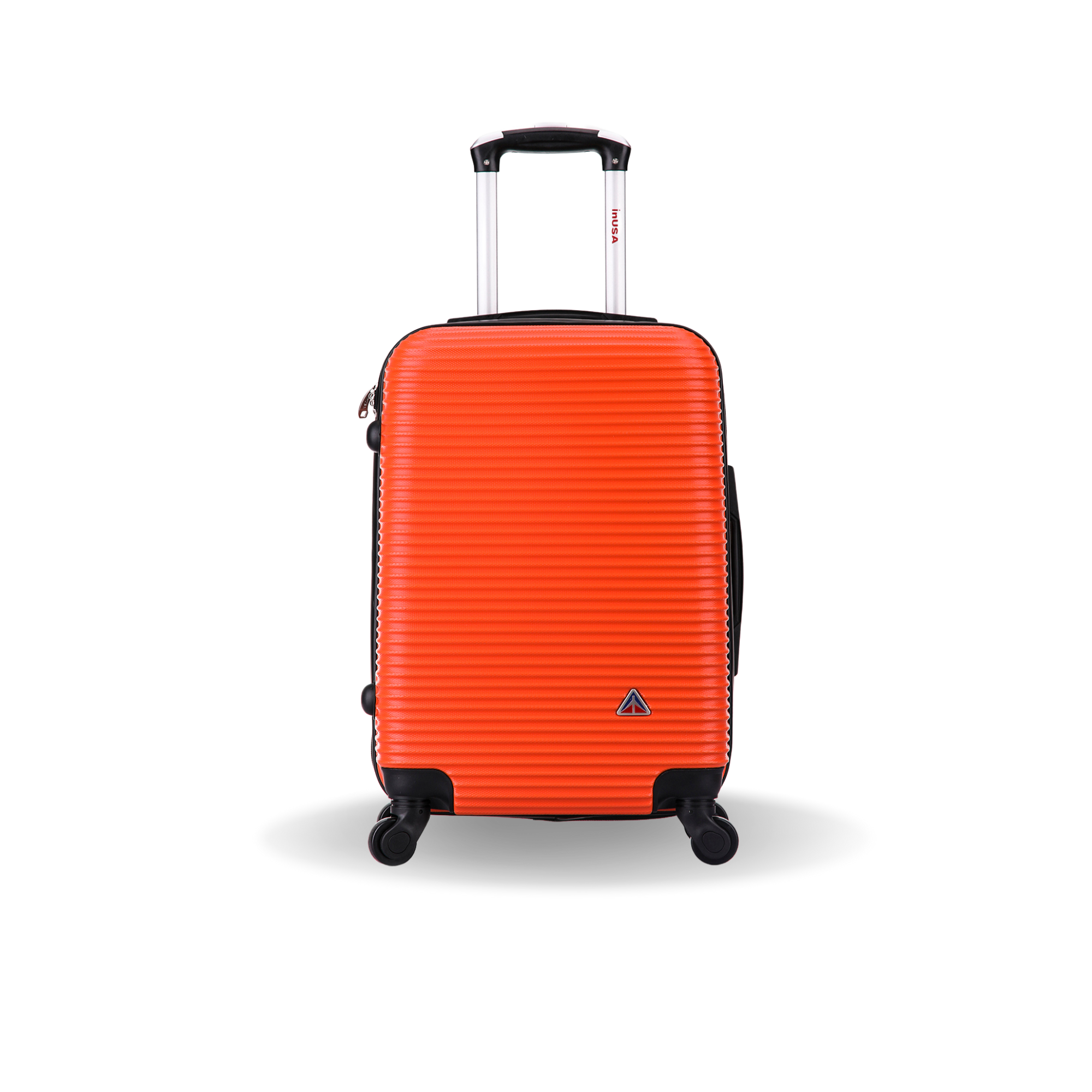 Orange suitcase with a visible brand logo on a white background