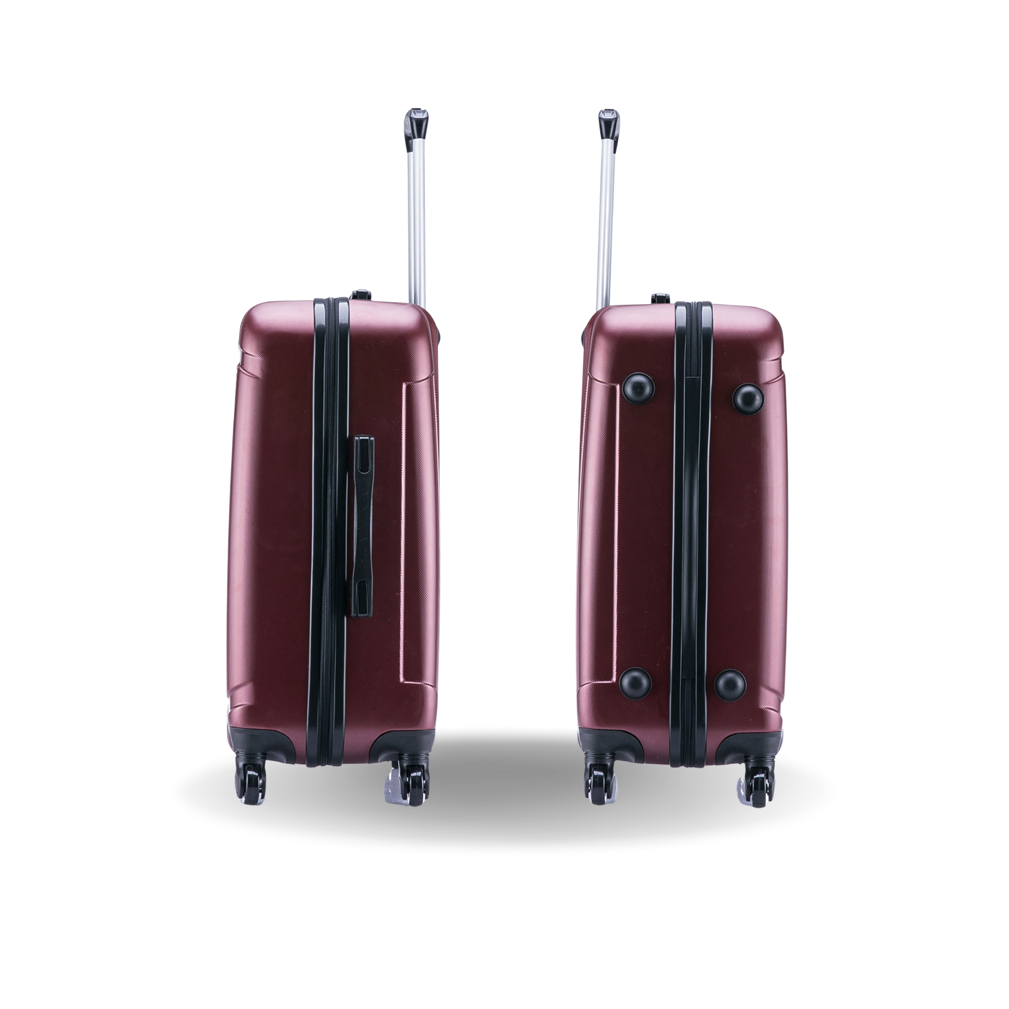 Two maroon suitcases with black handles and wheels on a white background