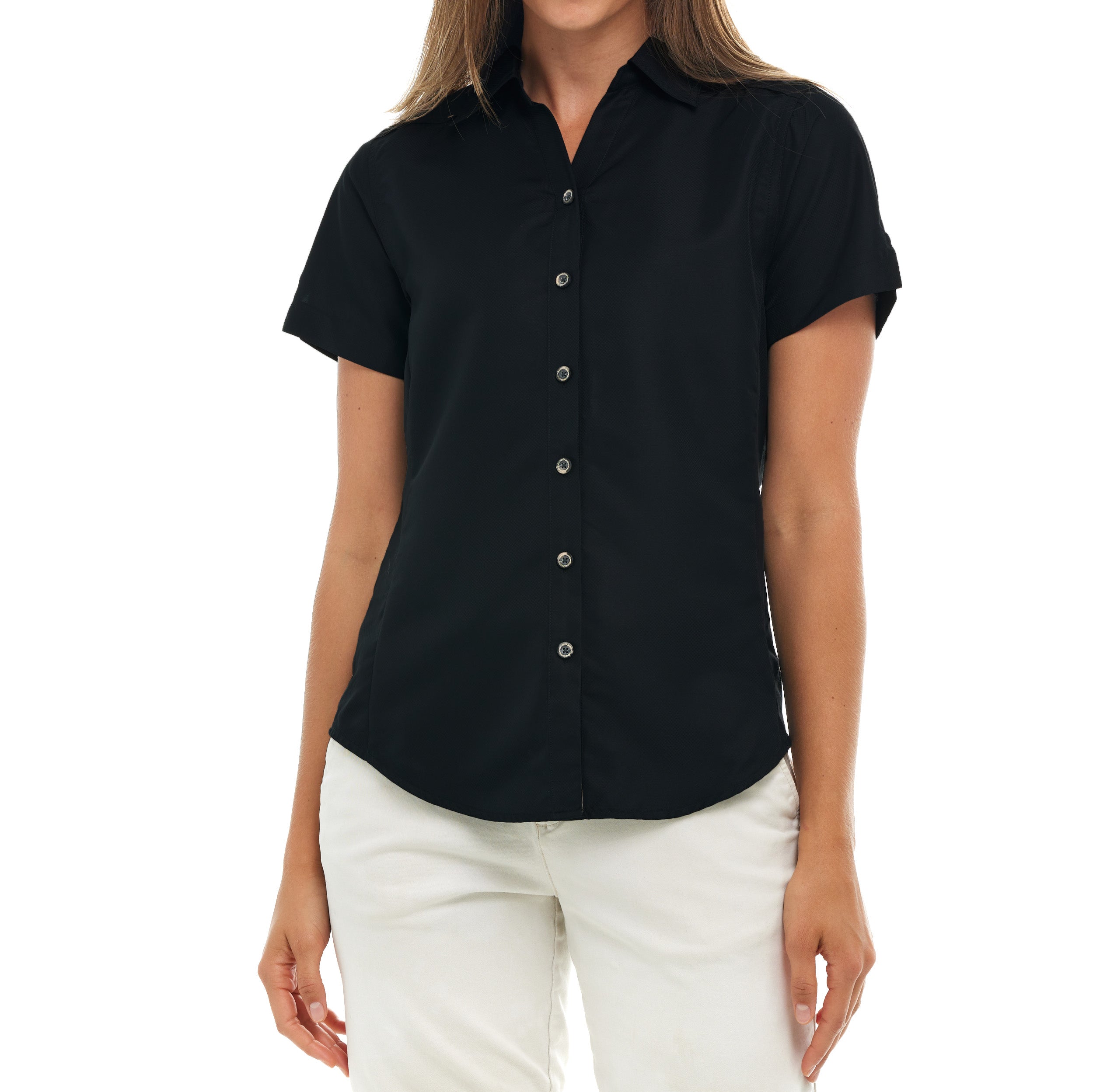 Person wearing a black short-sleeve button-up shirt and white pants on a white background