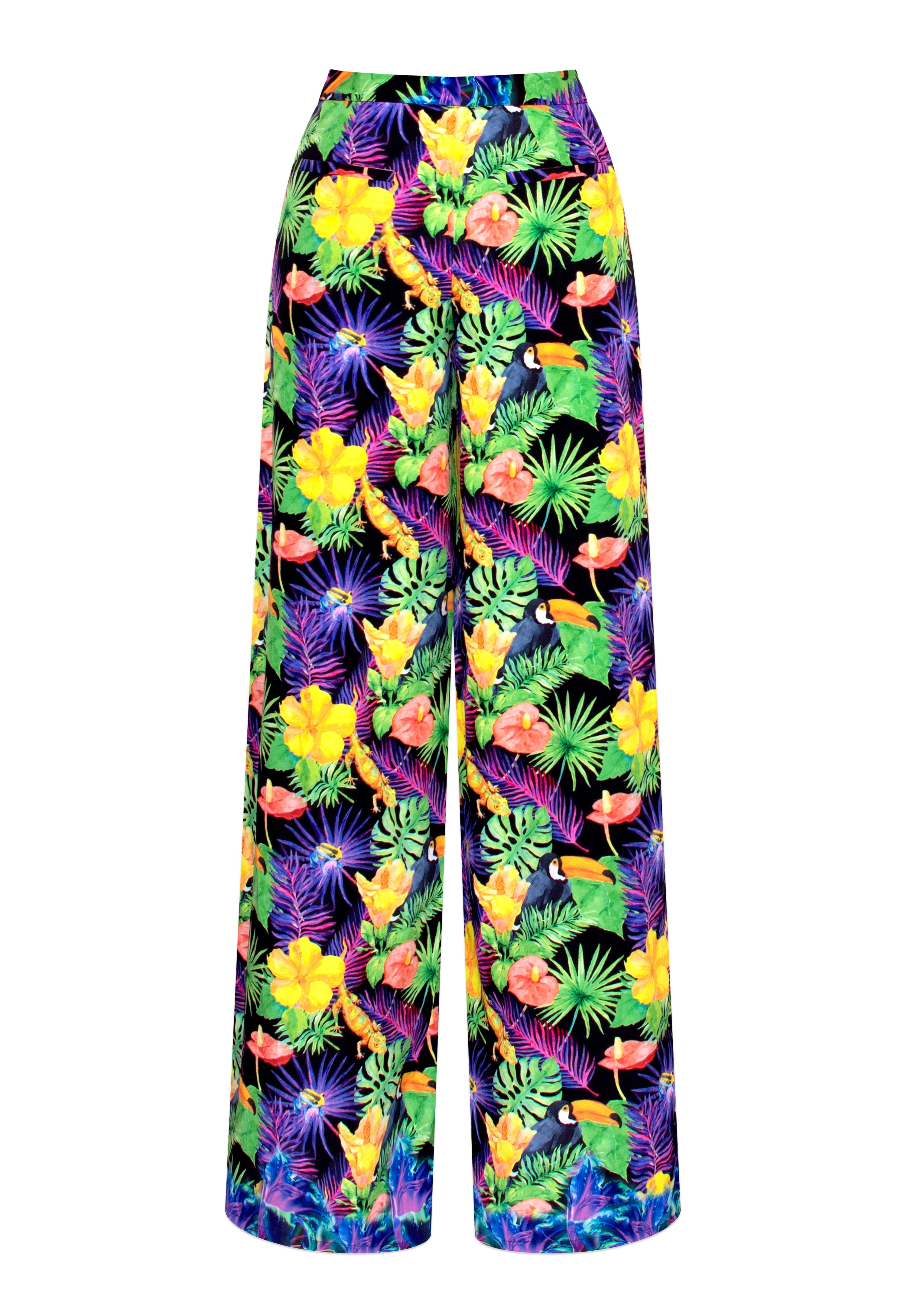 Colorful tropical floral pants on a white background
