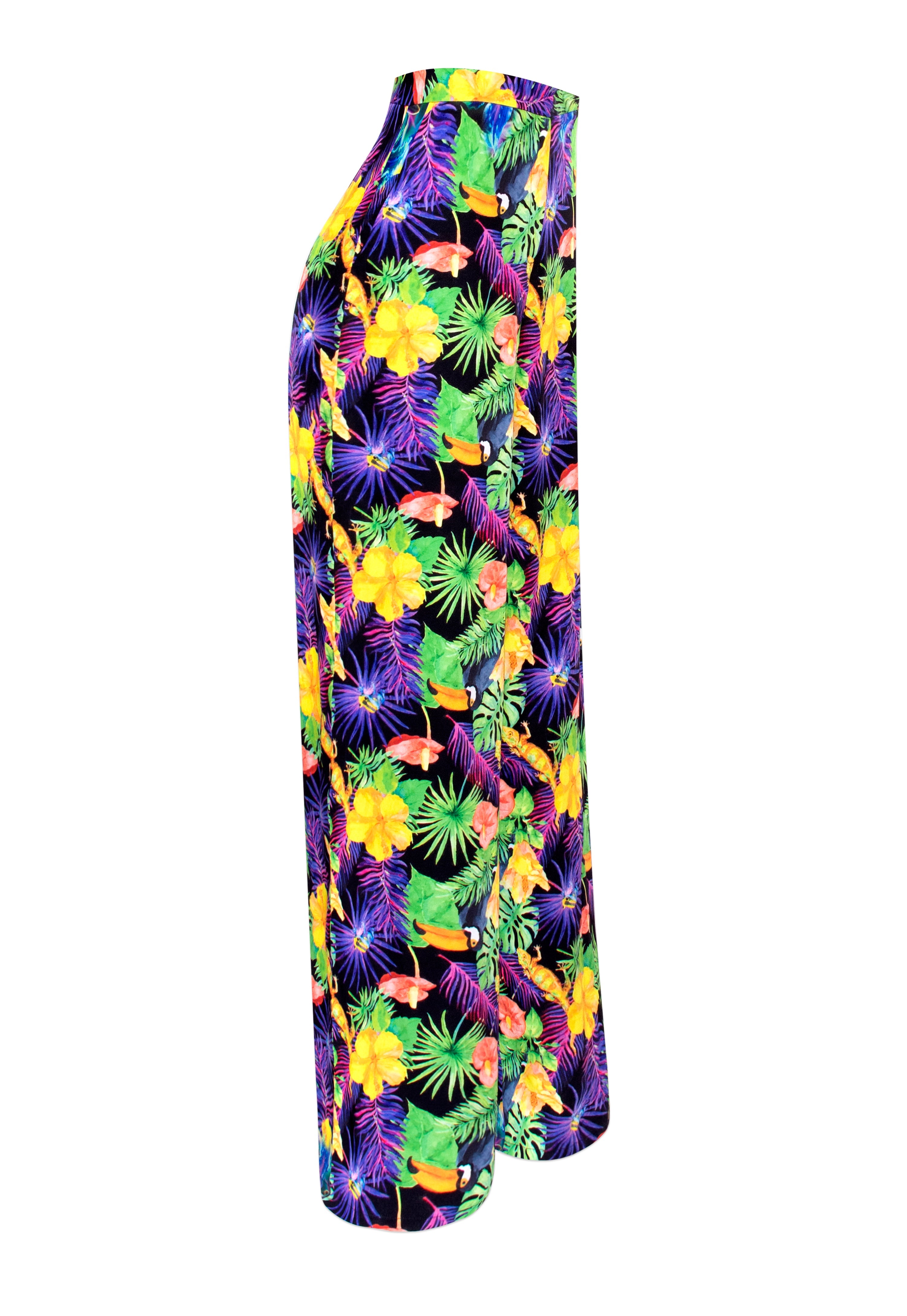Colorful tropical floral patterned pants on a white background