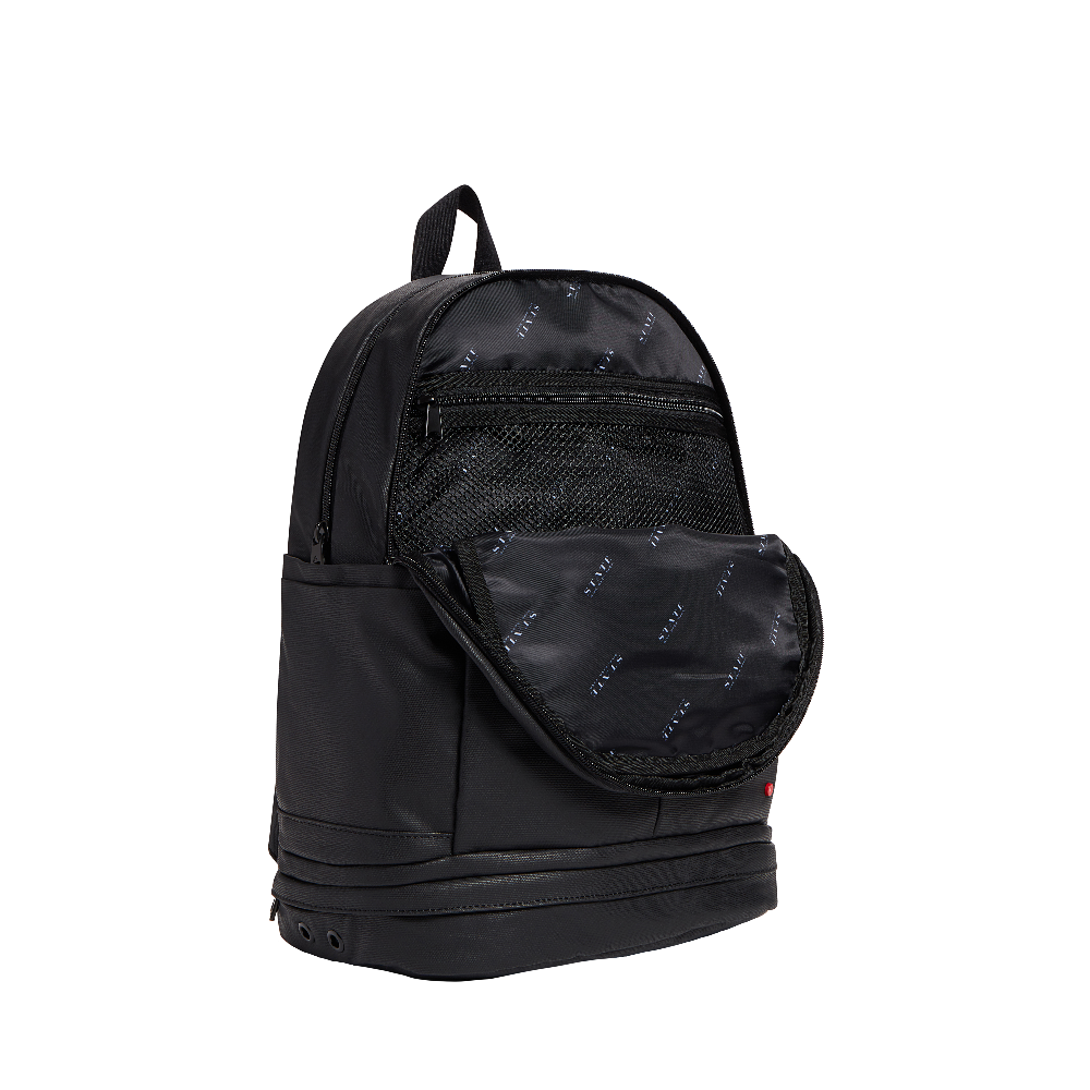 Black backpack with a front pocket on a white background