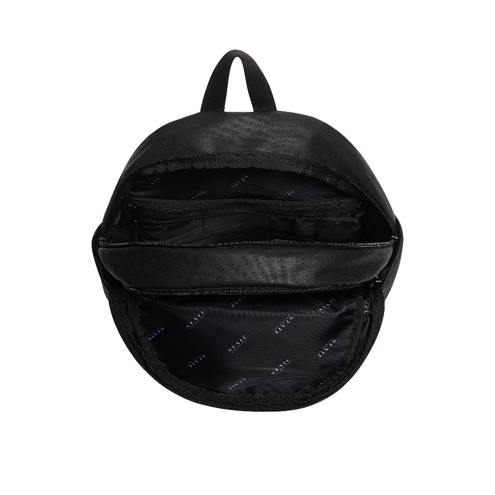 Black backpack with open front compartment on a white background