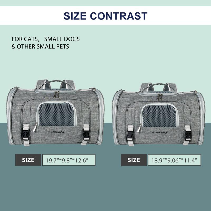 Two gray pet carriers with size specifications on a blue and green gradient background