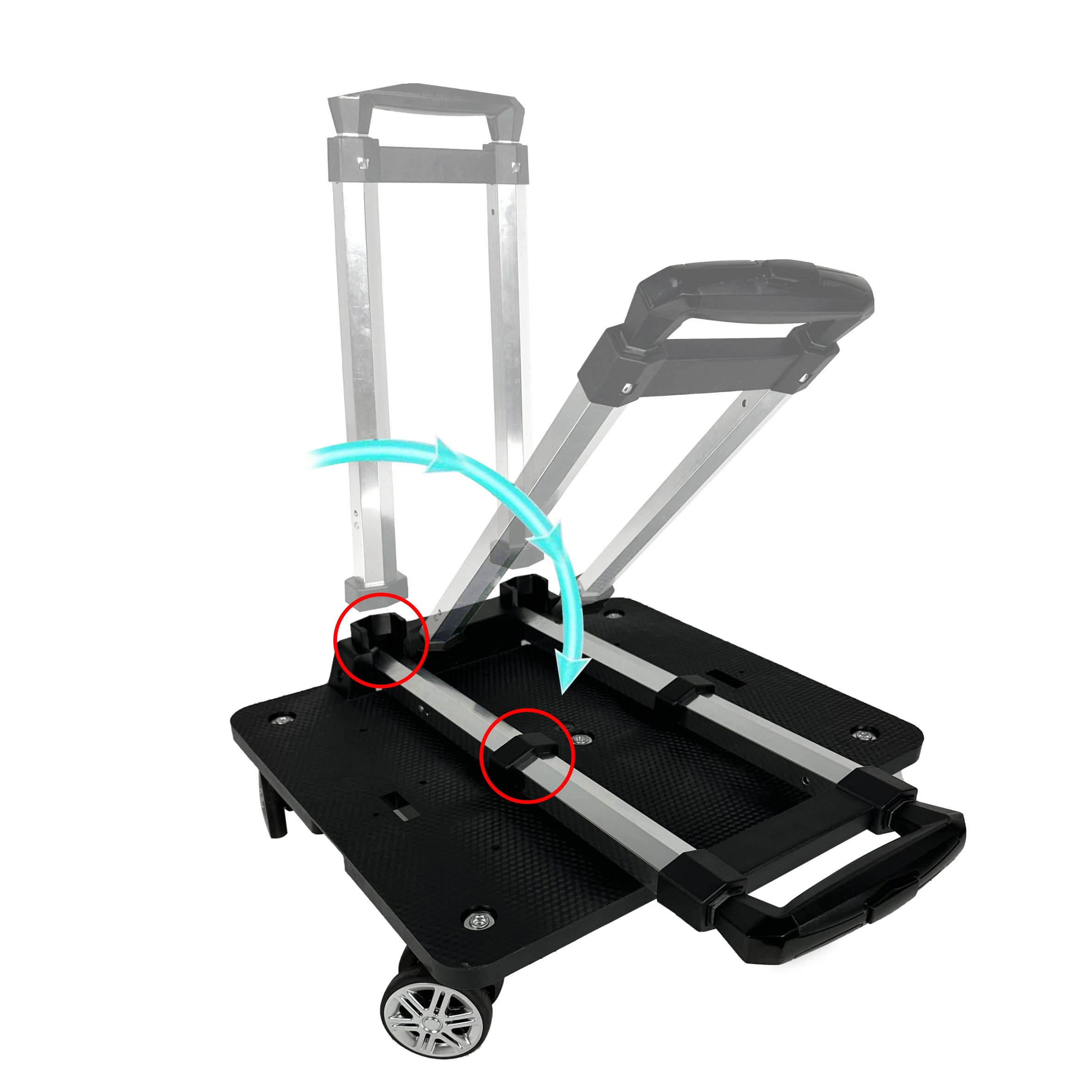 Collapsible trolley with a black platform and gray handle on a white background