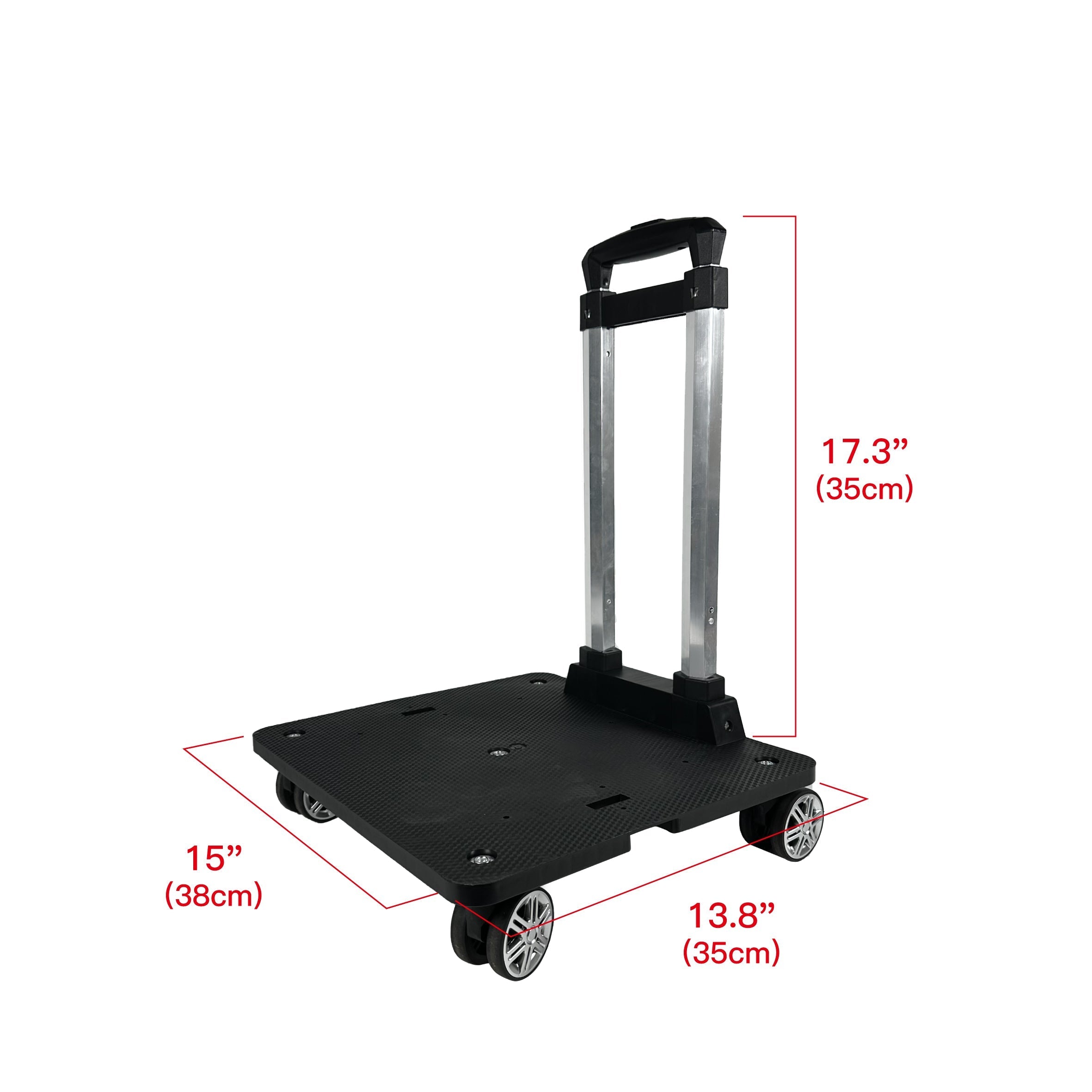 Black hand truck with dimensions indicated on a white background