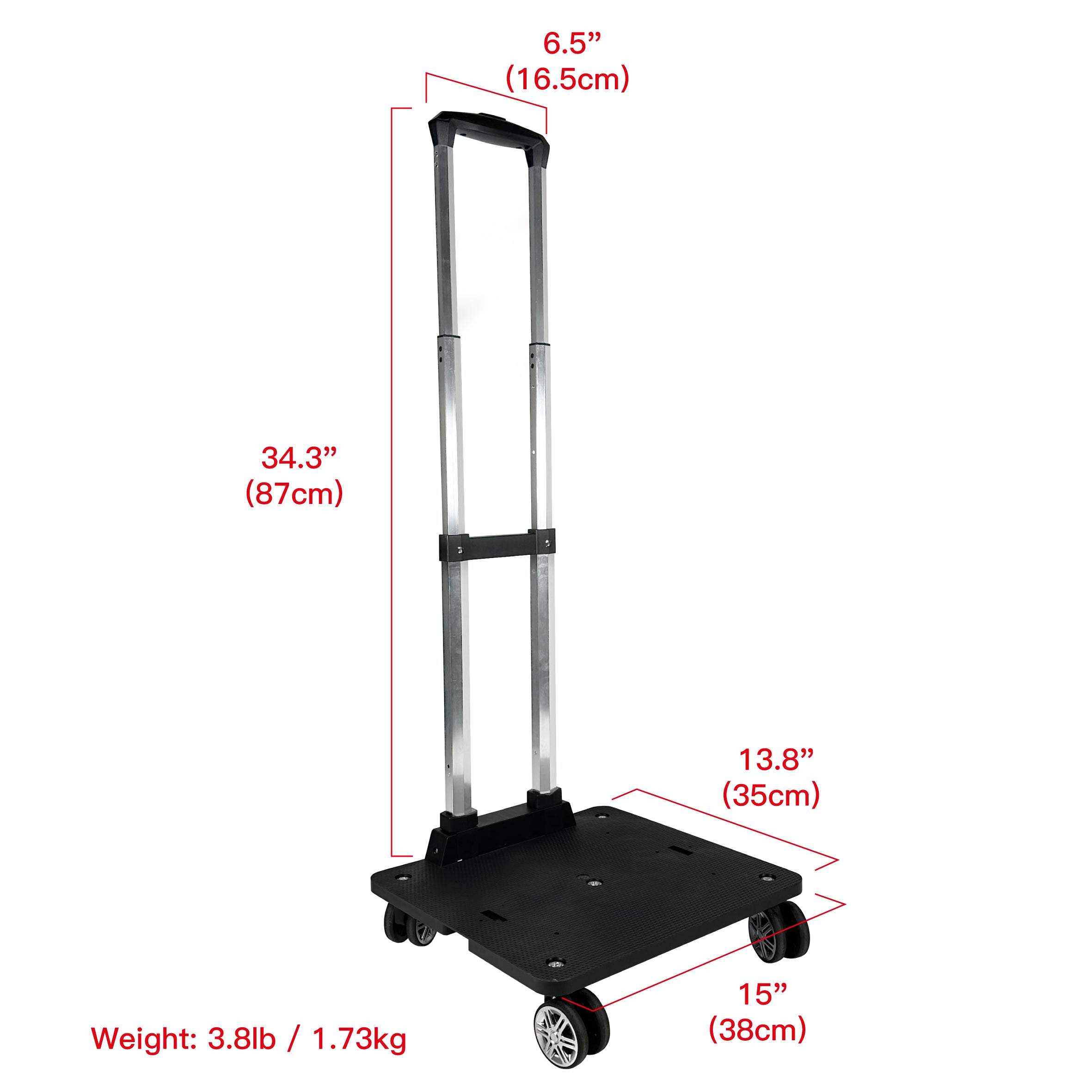 Measurement chart of a black hand truck with dimensions and weight listed.