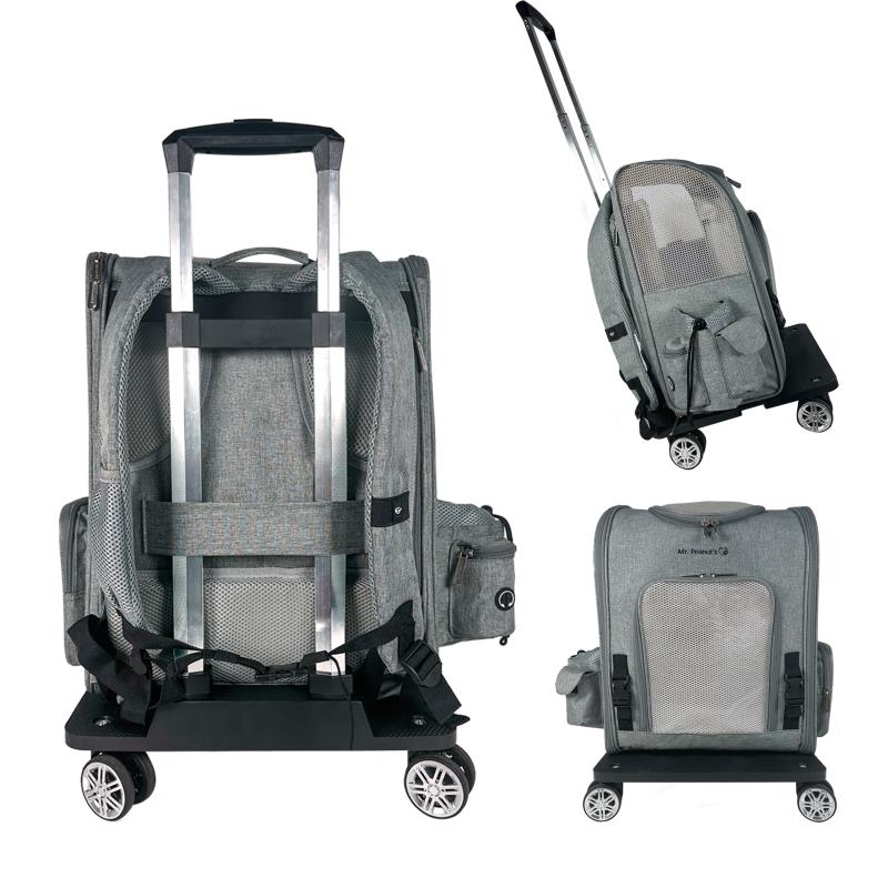 Gray rolling backpack with multiple views on a white background