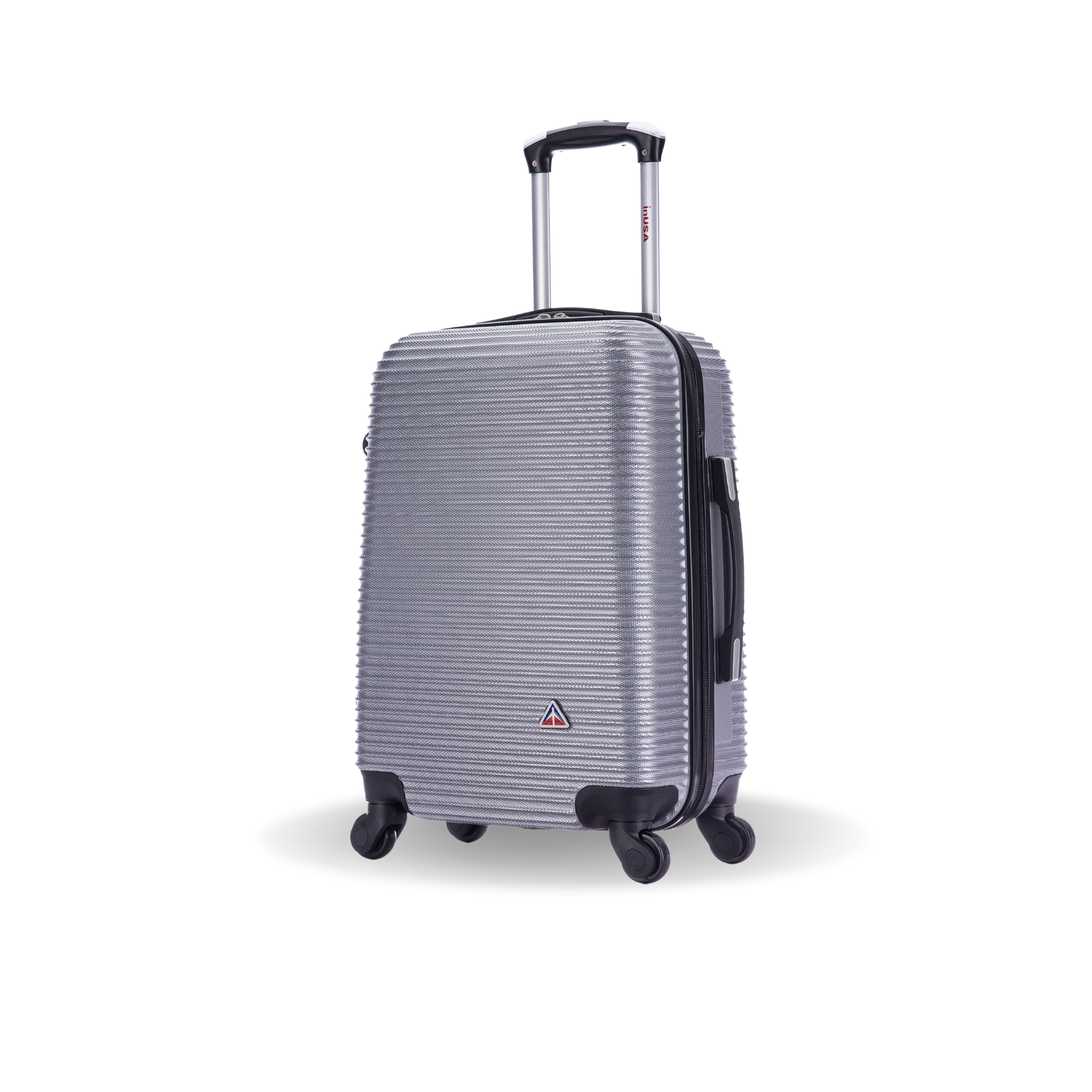 Silver suitcase with black wheels on a white background