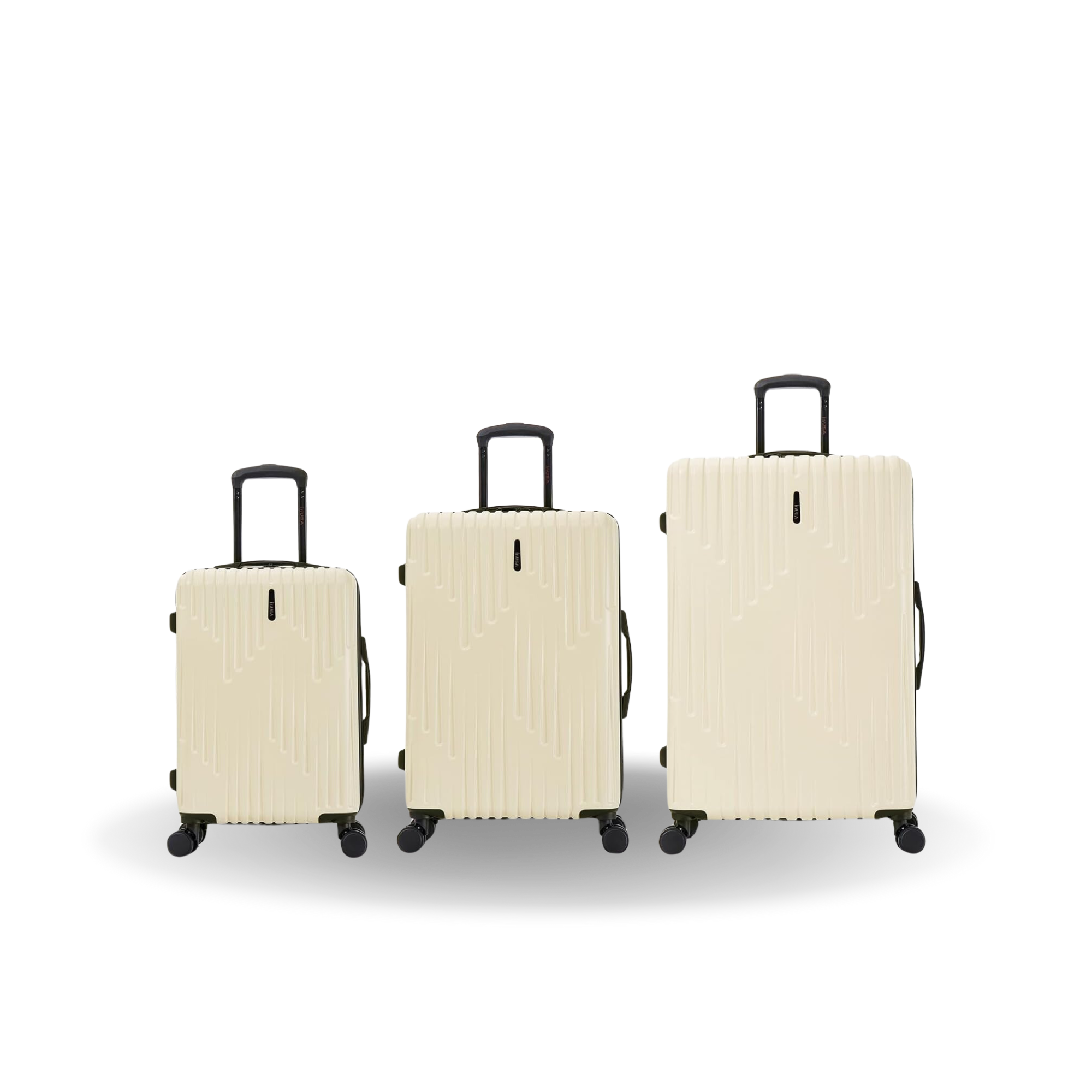 Three beige suitcases of different sizes on a white background