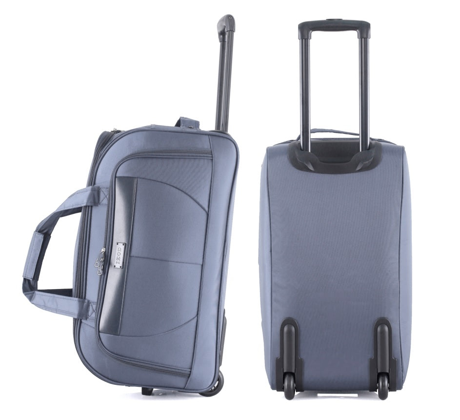 Gray suitcase with handle and wheels on a white background