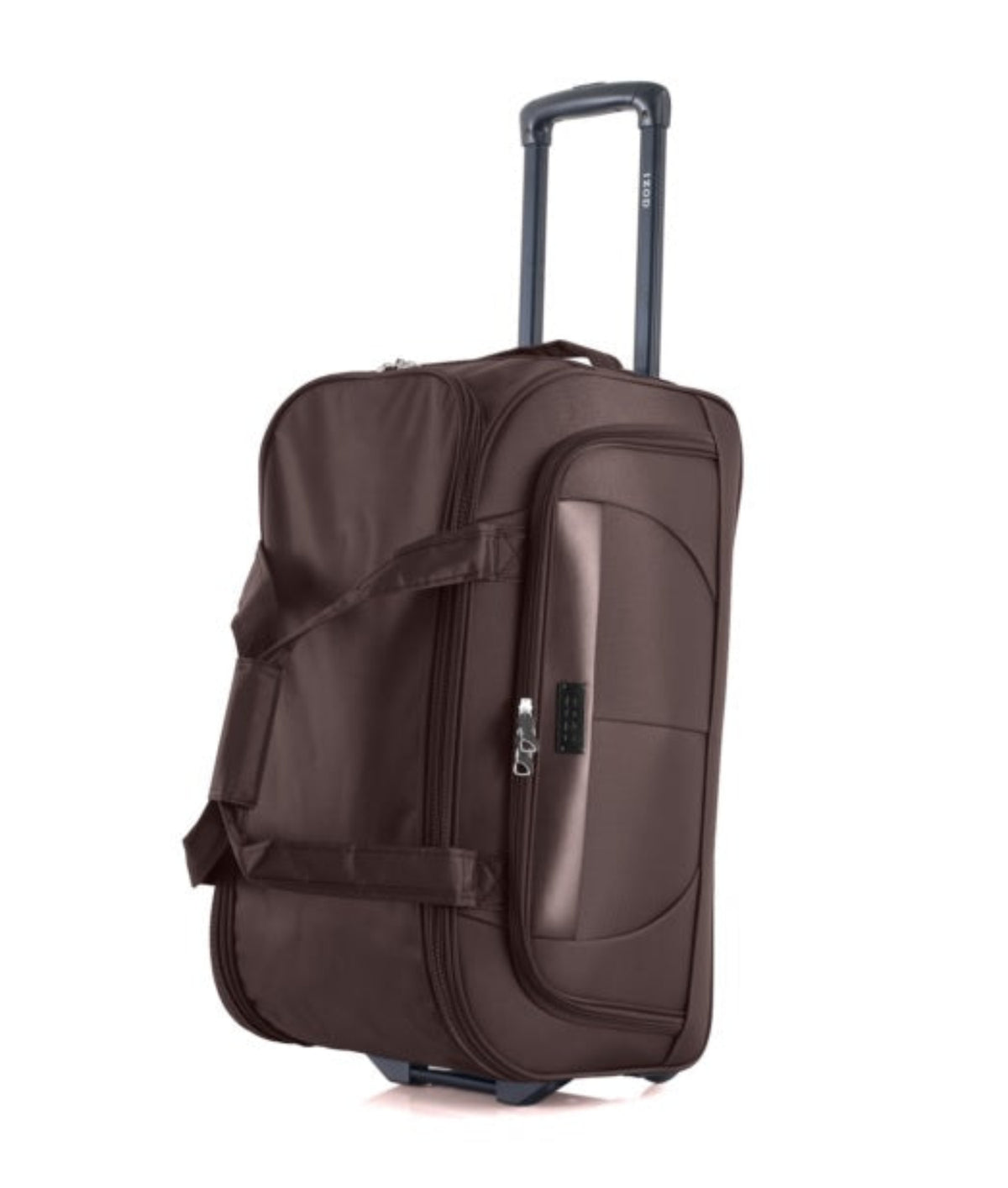 Brown suitcase with wheels on a white background