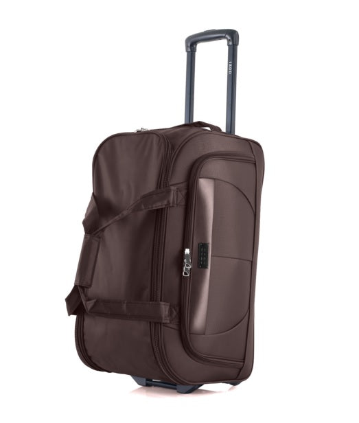Brown suitcase with wheels on a white background