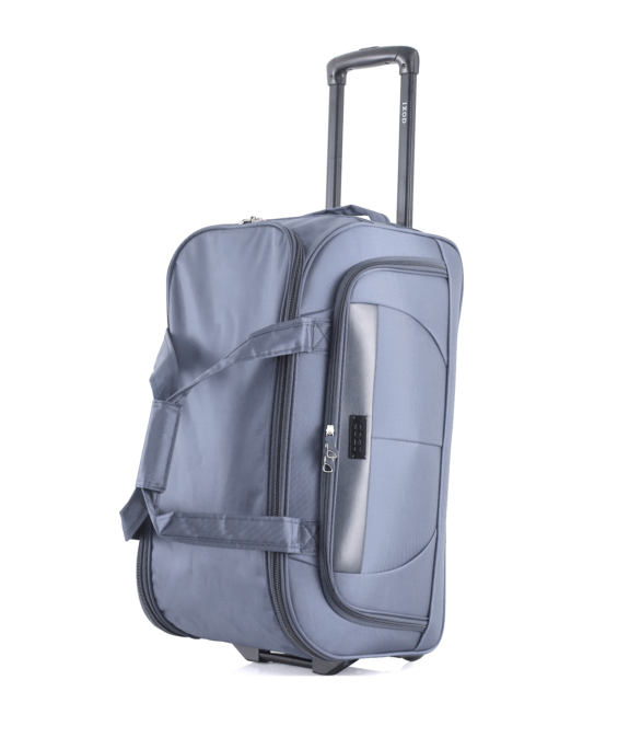 Gray suitcase with wheels on a white background