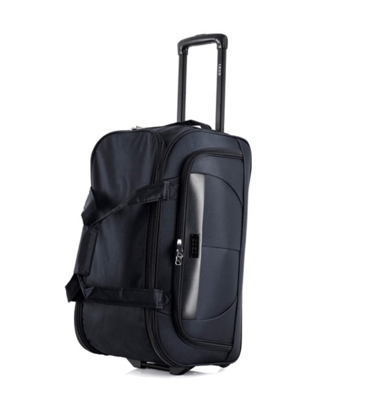 Black suitcase with wheels on a white background