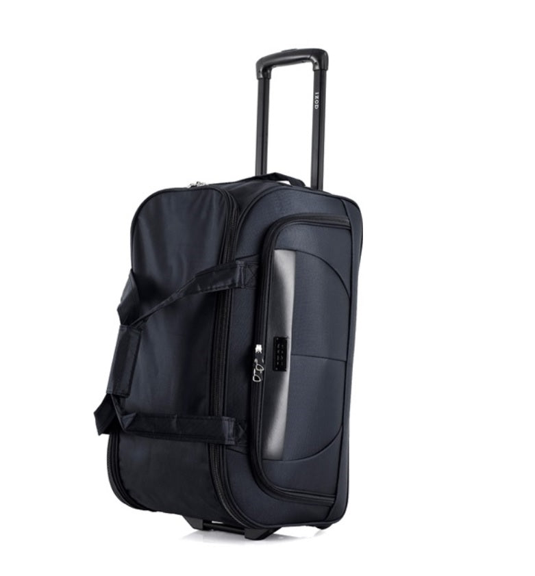 Black suitcase with wheels on a white background