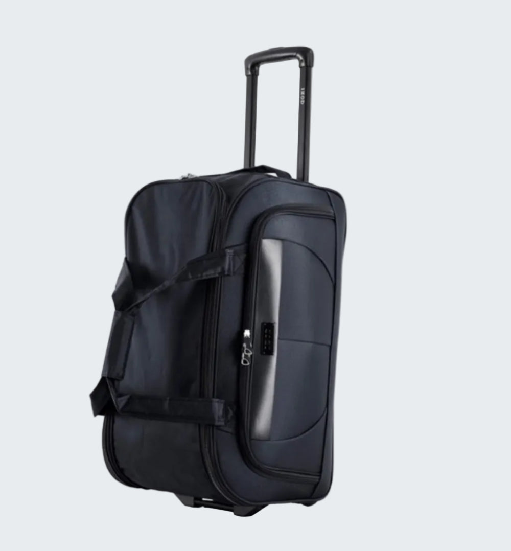 Black suitcase with wheels on a white background