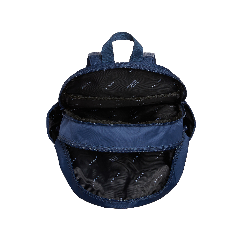 Blue backpack with open front compartment on a white background