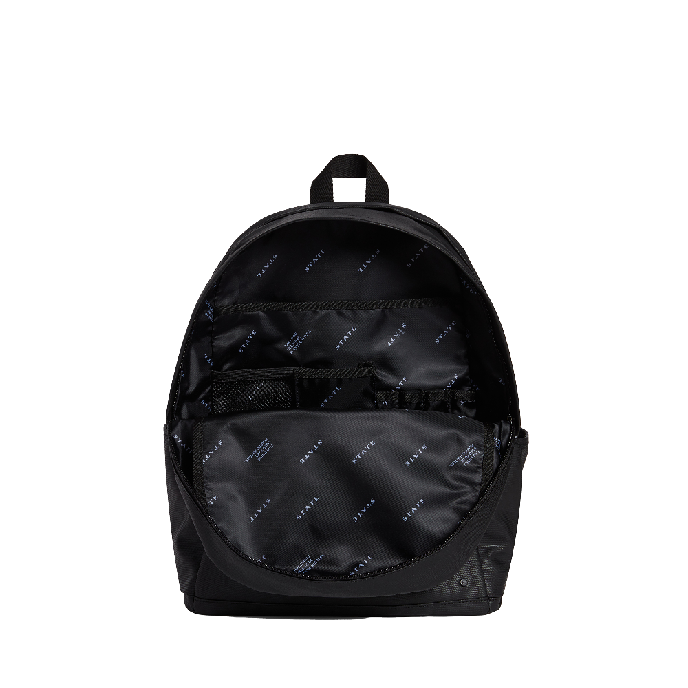 Black backpack with a subtle pattern on a white background