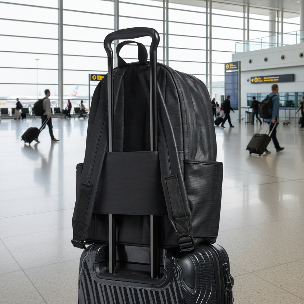 Black backpack with a built-in handle on a white background