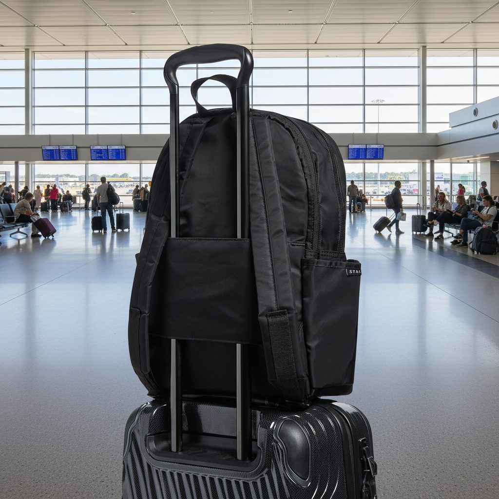 Black backpack with rolling handle on top of a suitcase