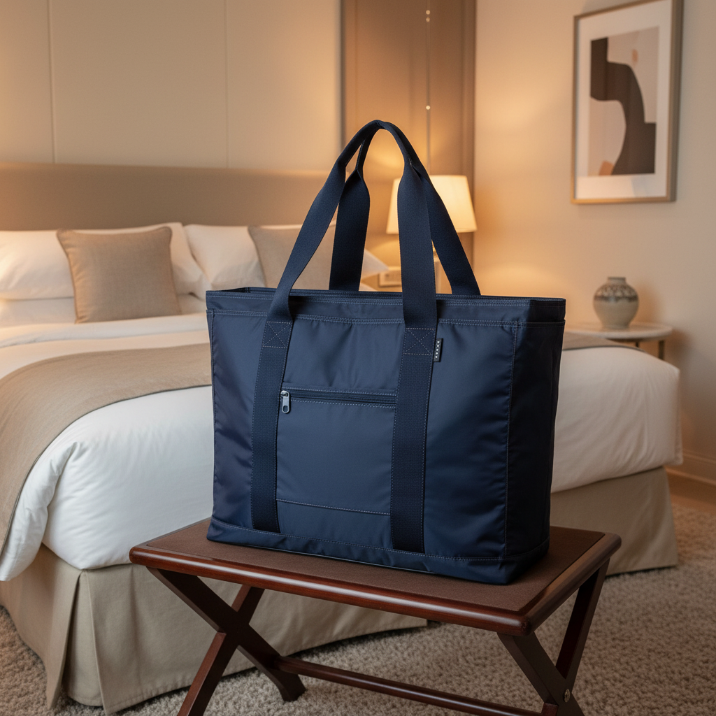 Navy blue tote bag with black handles on a white background