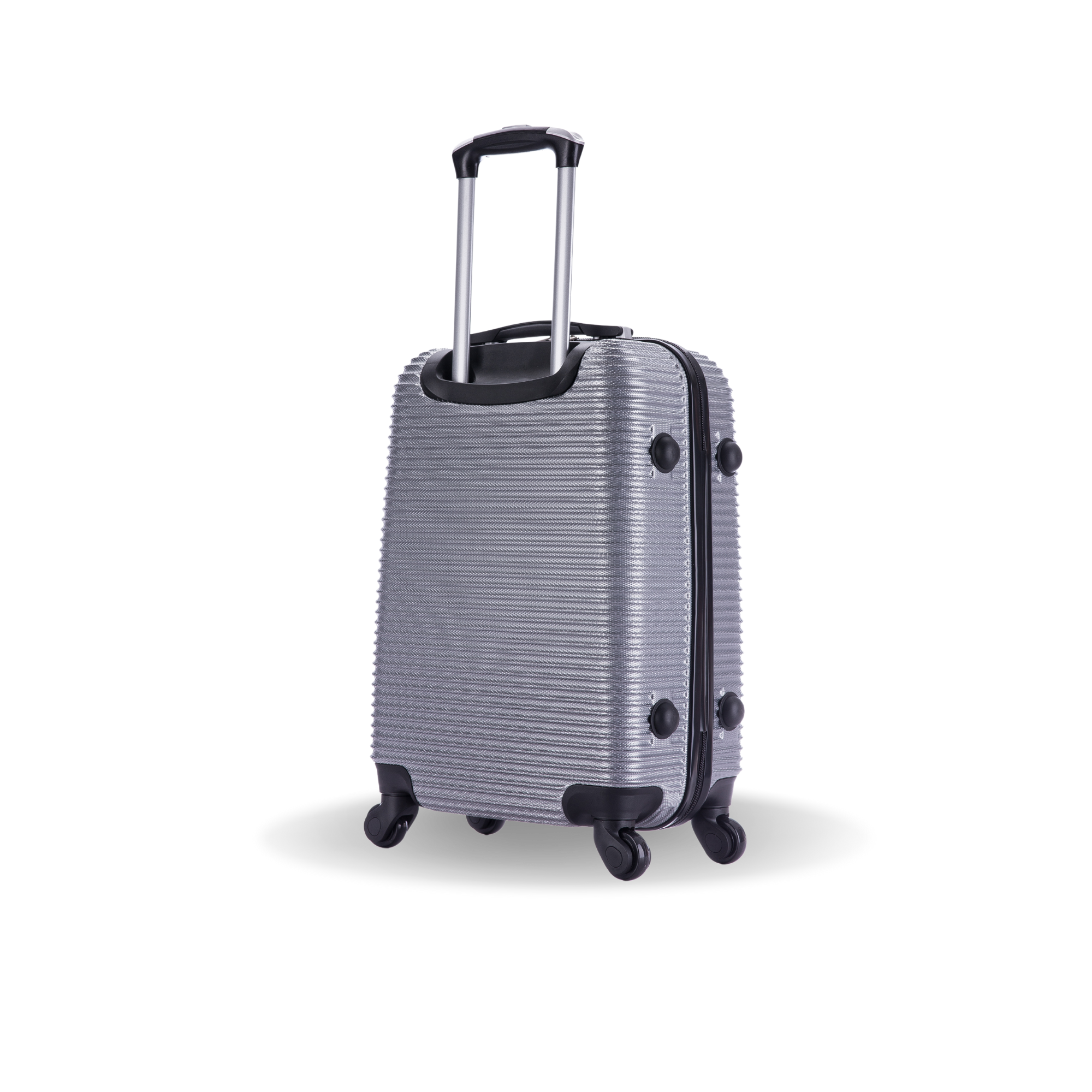 Silver suitcase with black accents on a white background