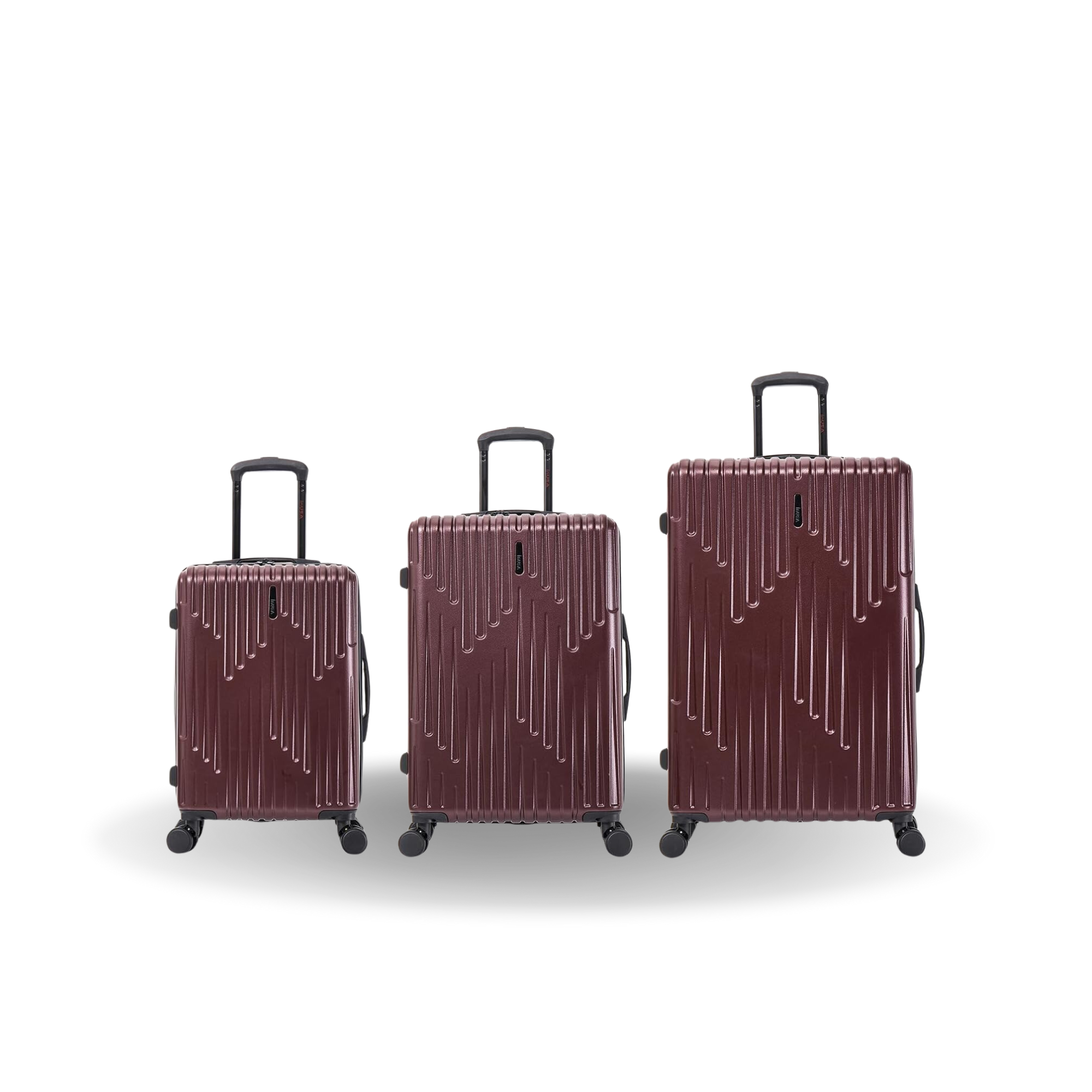 Three burgundy suitcases of different sizes on a white background