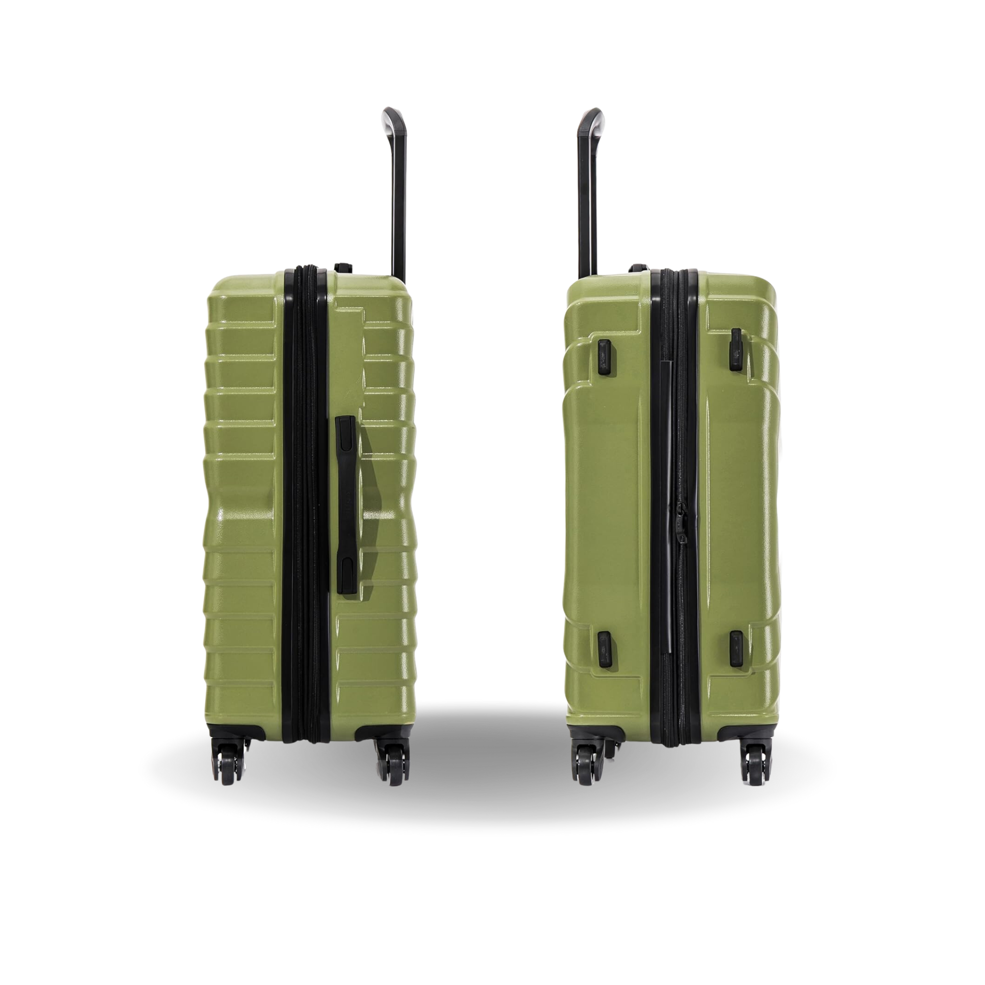 Two green suitcases with black handles and wheels on a white background