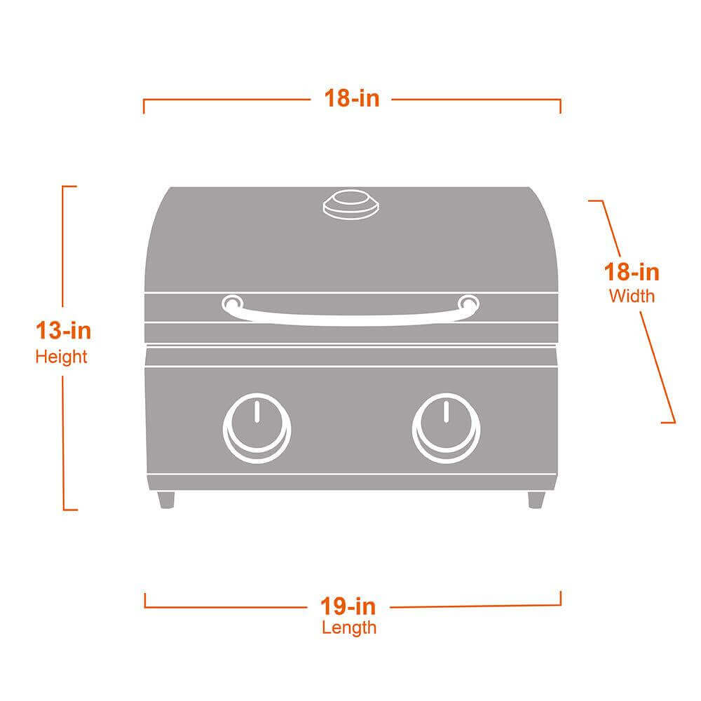 Diagram of a grill with dimensions labeled on a white background