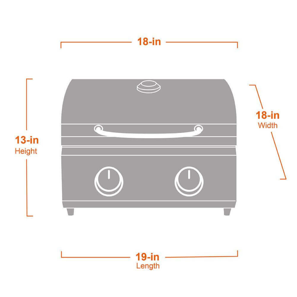 Diagram of a grill with dimensions labeled on a white background