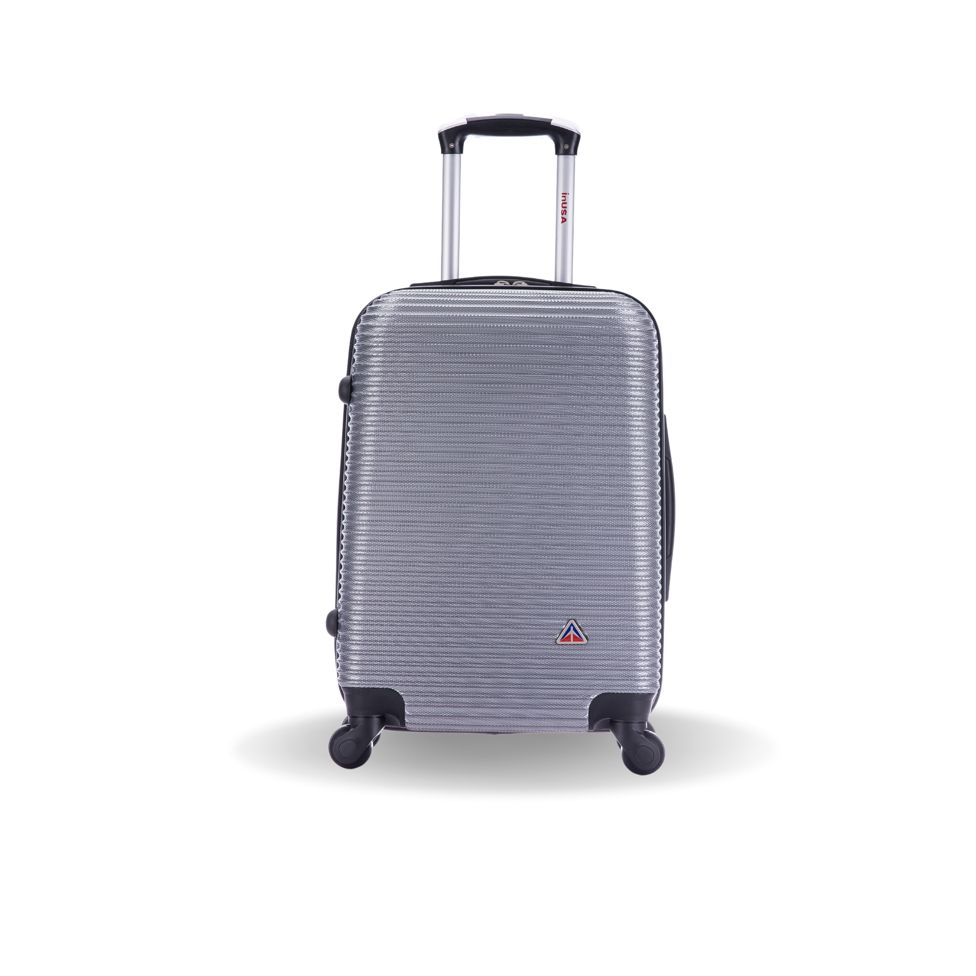 Silver suitcase with a handle on a white background