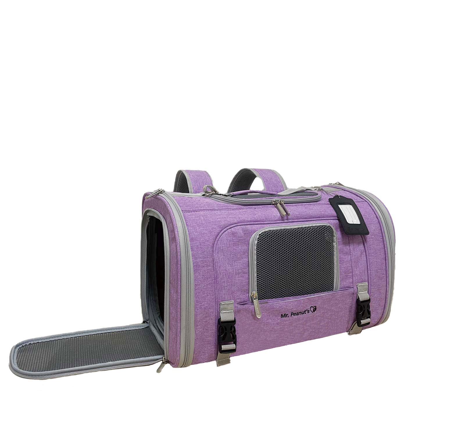 Purple pet carrier with gray interior on a white background