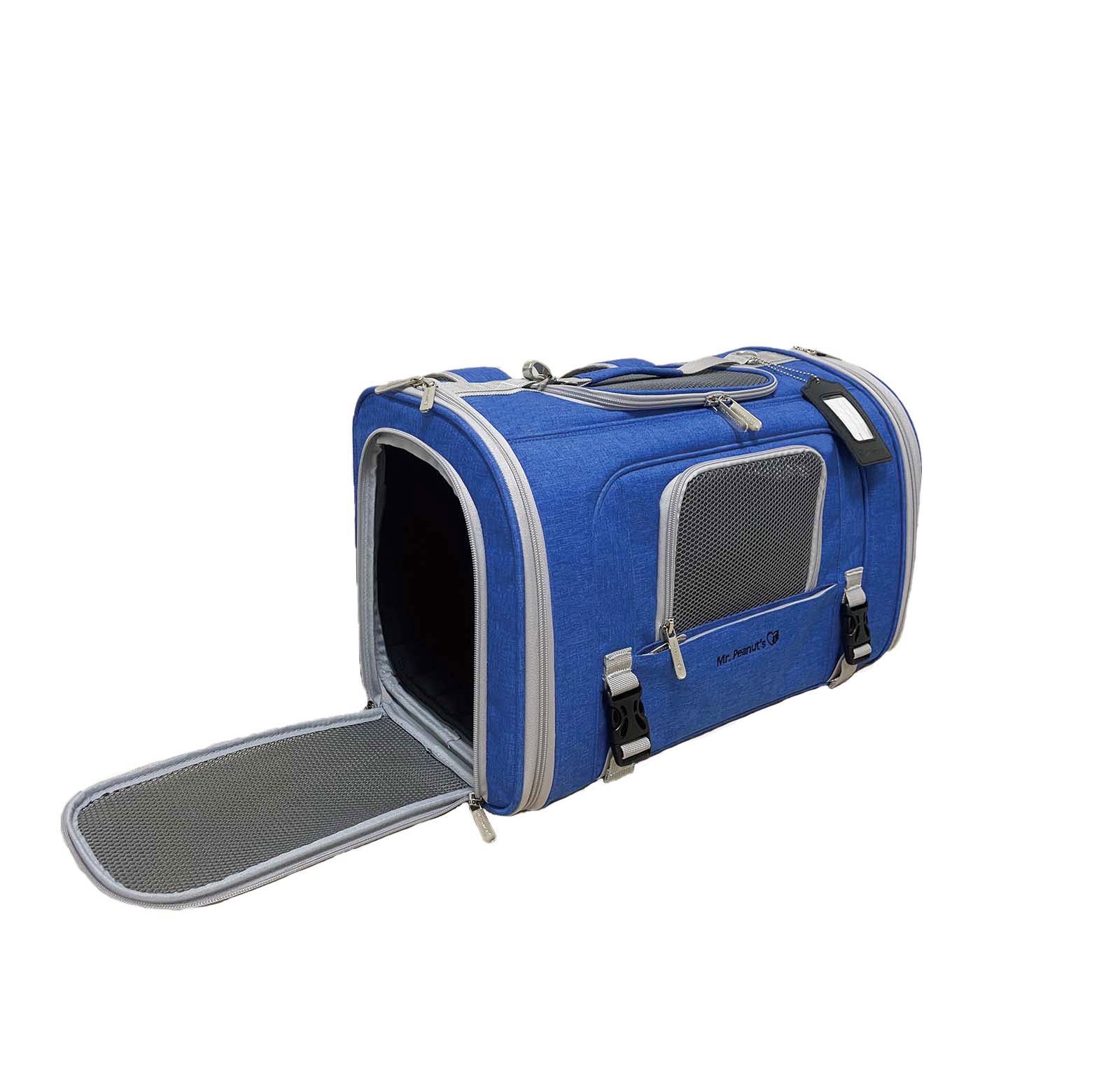 Blue pet carrier with an open door on a white background