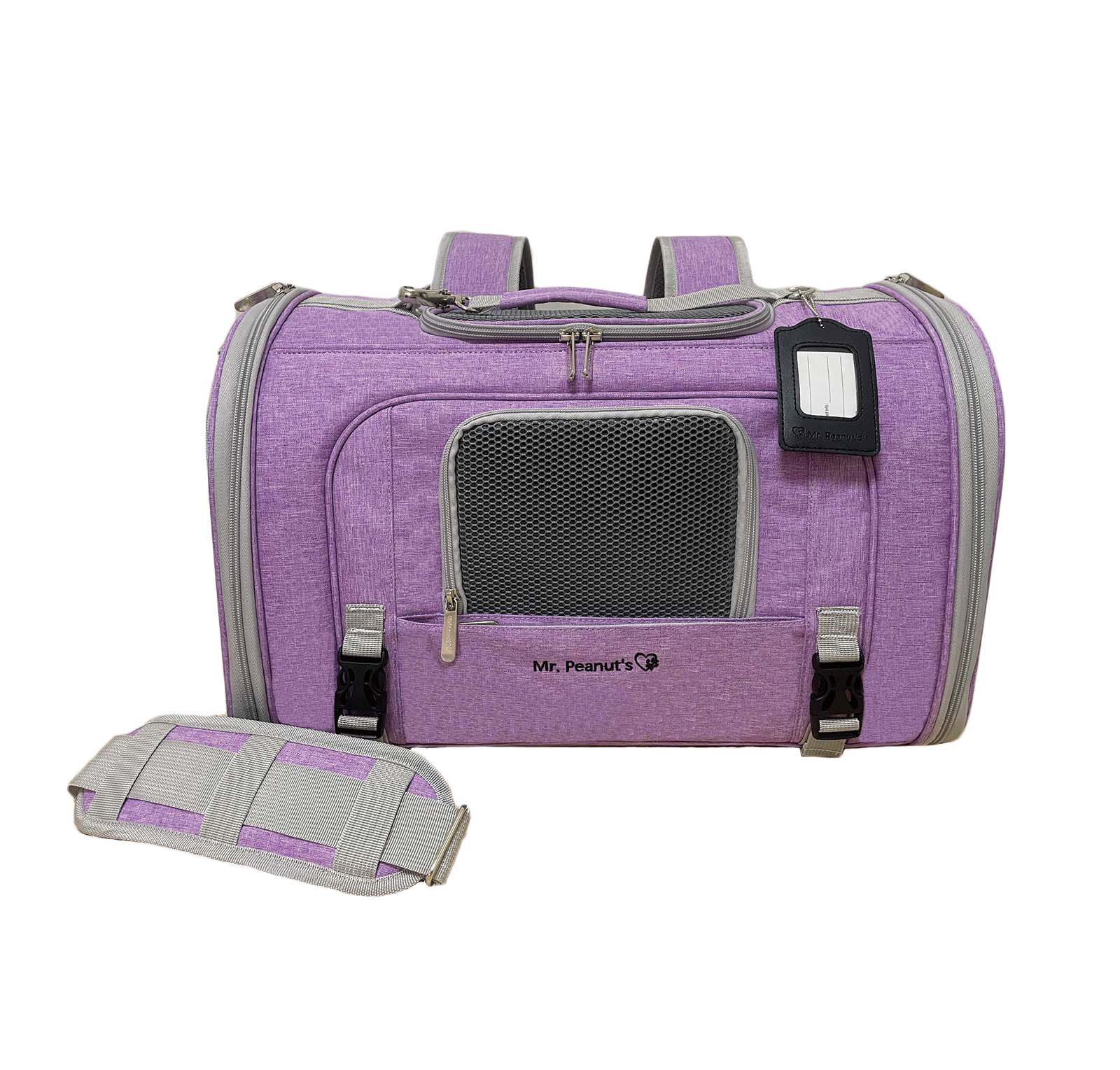 Purple pet carrier with gray accents on a white background