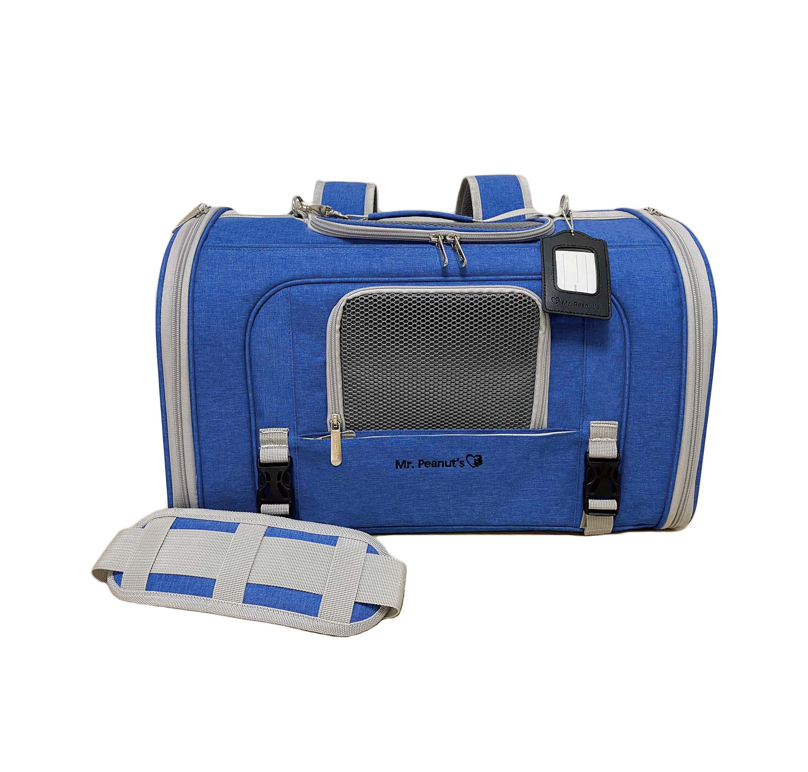 Blue pet carrier with gray accents on a white background