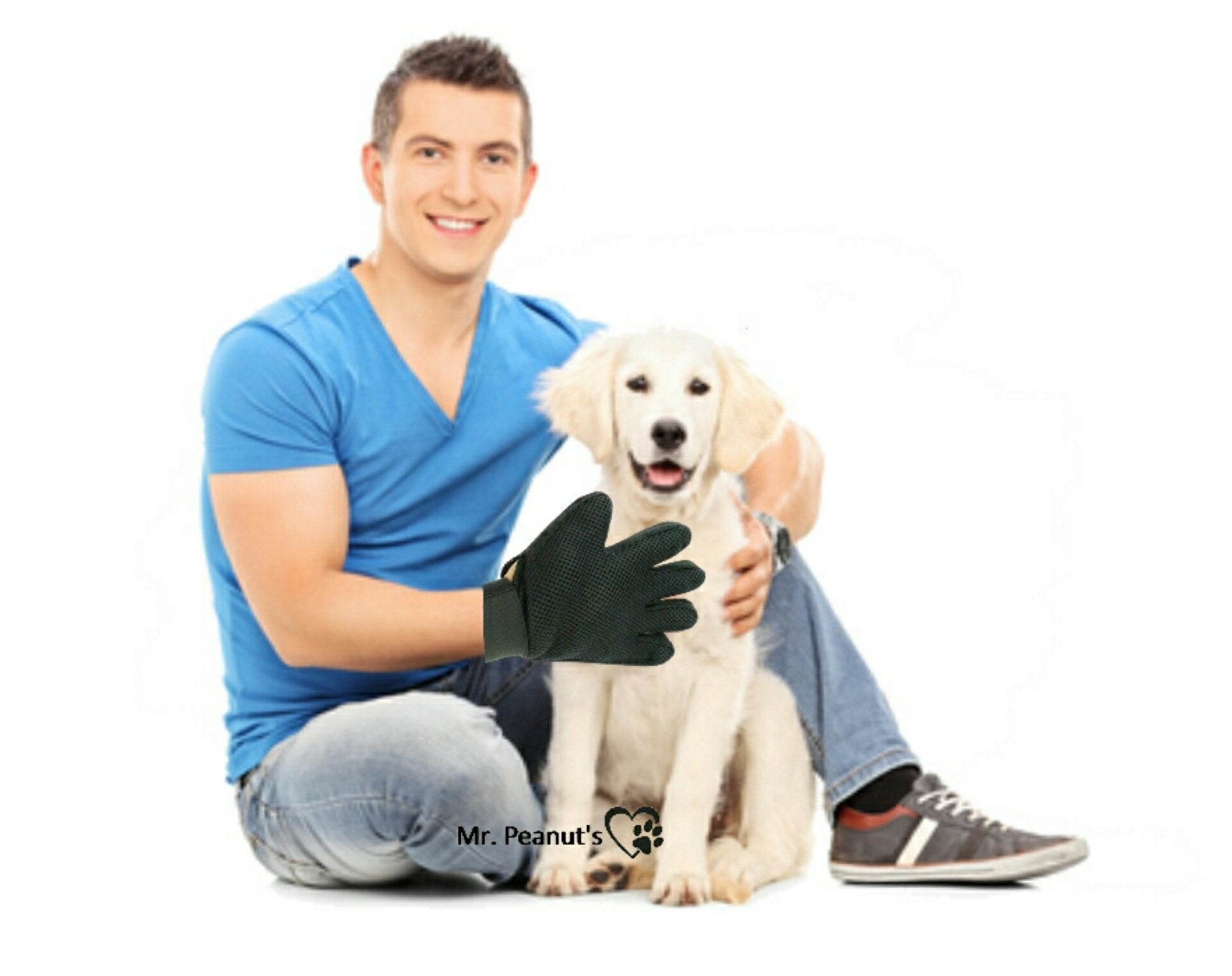 Man sitting with a dog wearing gloves, with 'Mr. Peanut's' logo.