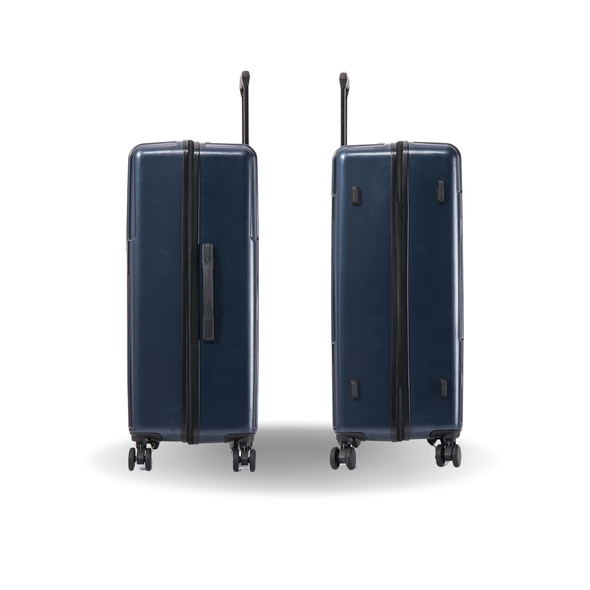 Two navy blue suitcases with black handles and wheels on a white background