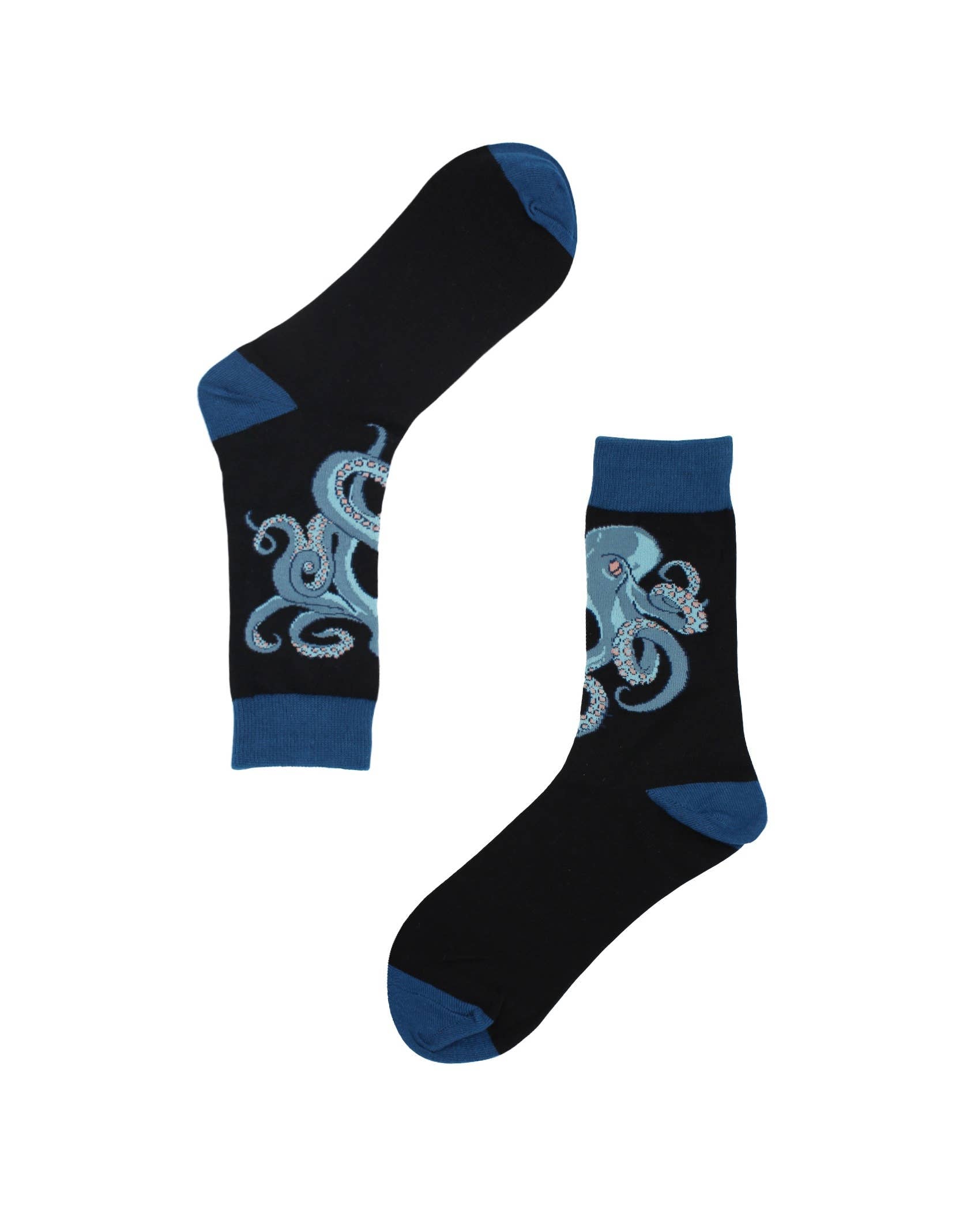 Black socks with blue accents and octopus design on a white background
