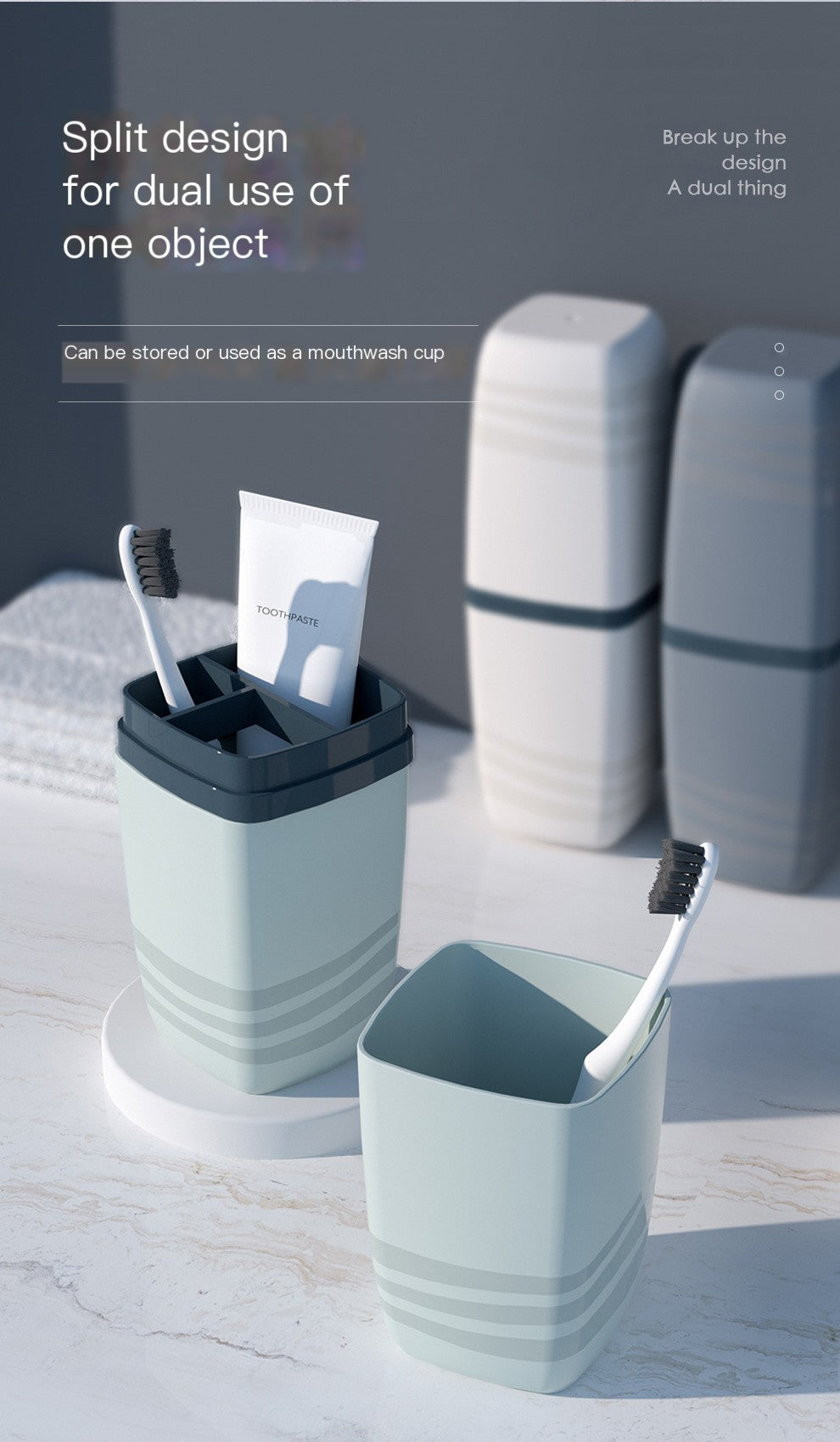 Bathroom accessory with split design for dual use on a neutral background