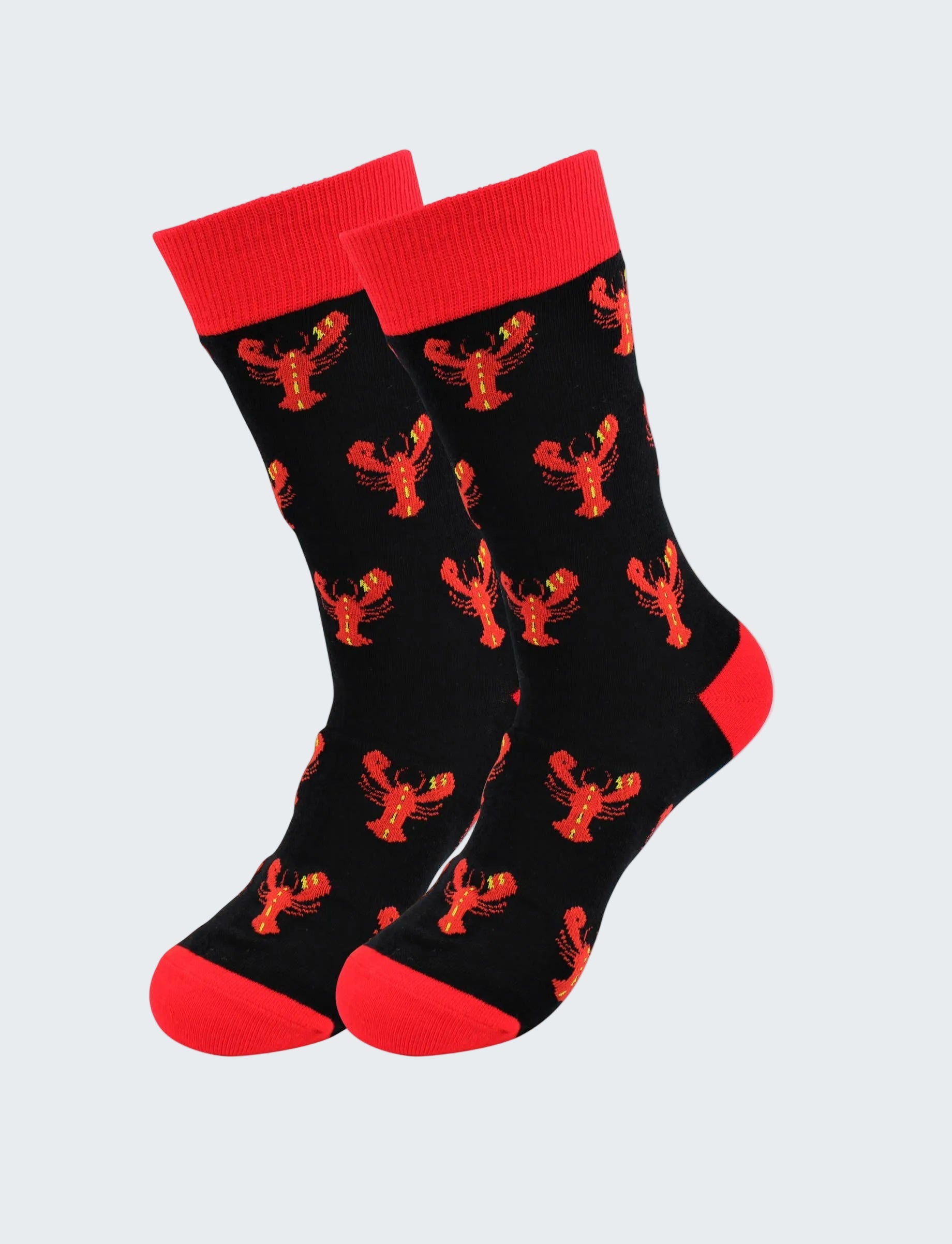Black socks with red accents and lobster pattern on a white background