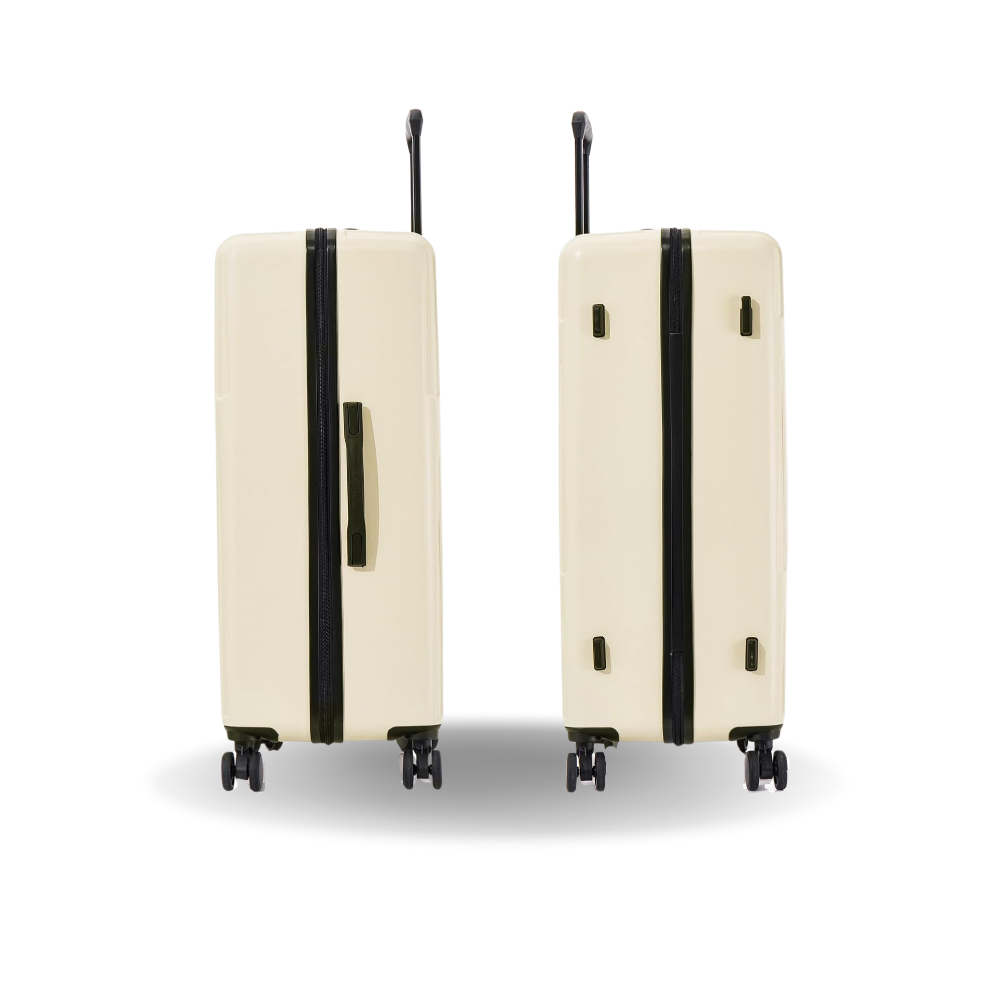 Two cream-colored suitcases with black handles and wheels on a white background