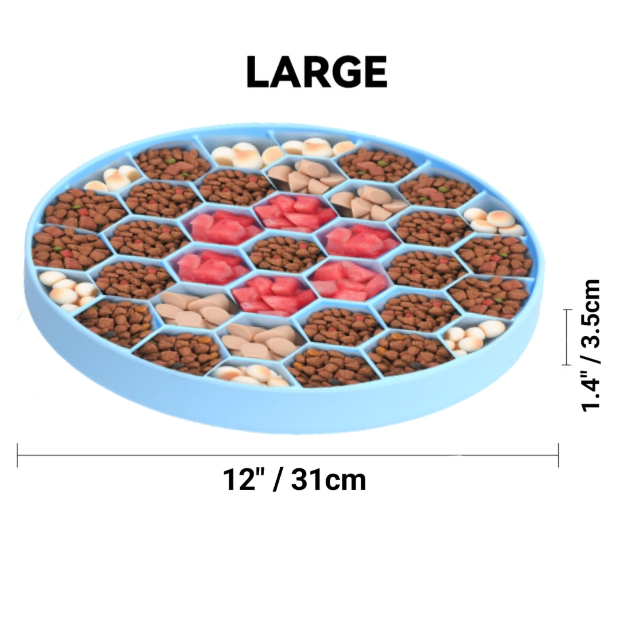 Large round pet food container with divided sections filled with different types of pet food, showing measurements on a white background.