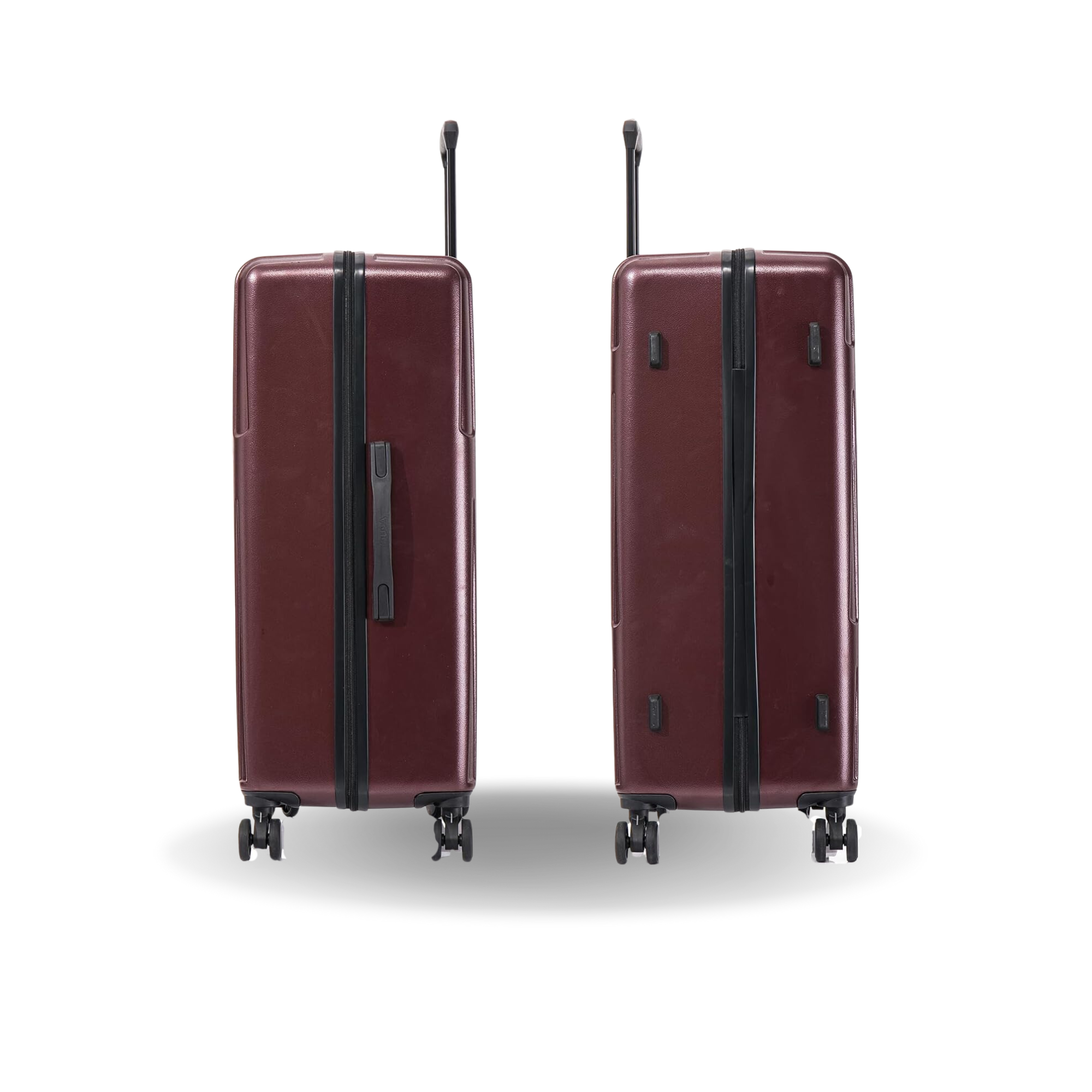 Two maroon suitcases with black handles and wheels on a white background