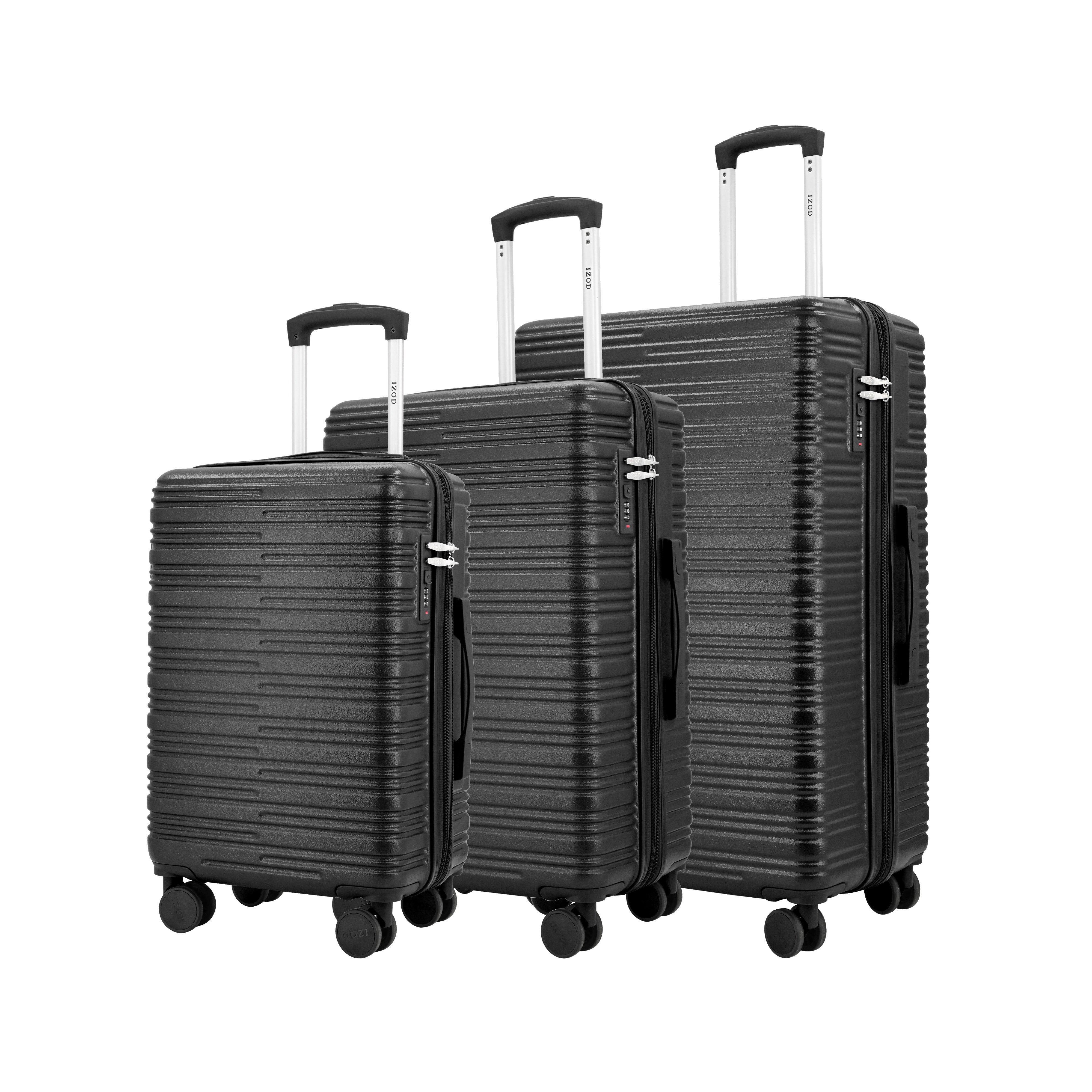 Set of three green suitcases of different sizes on a white background