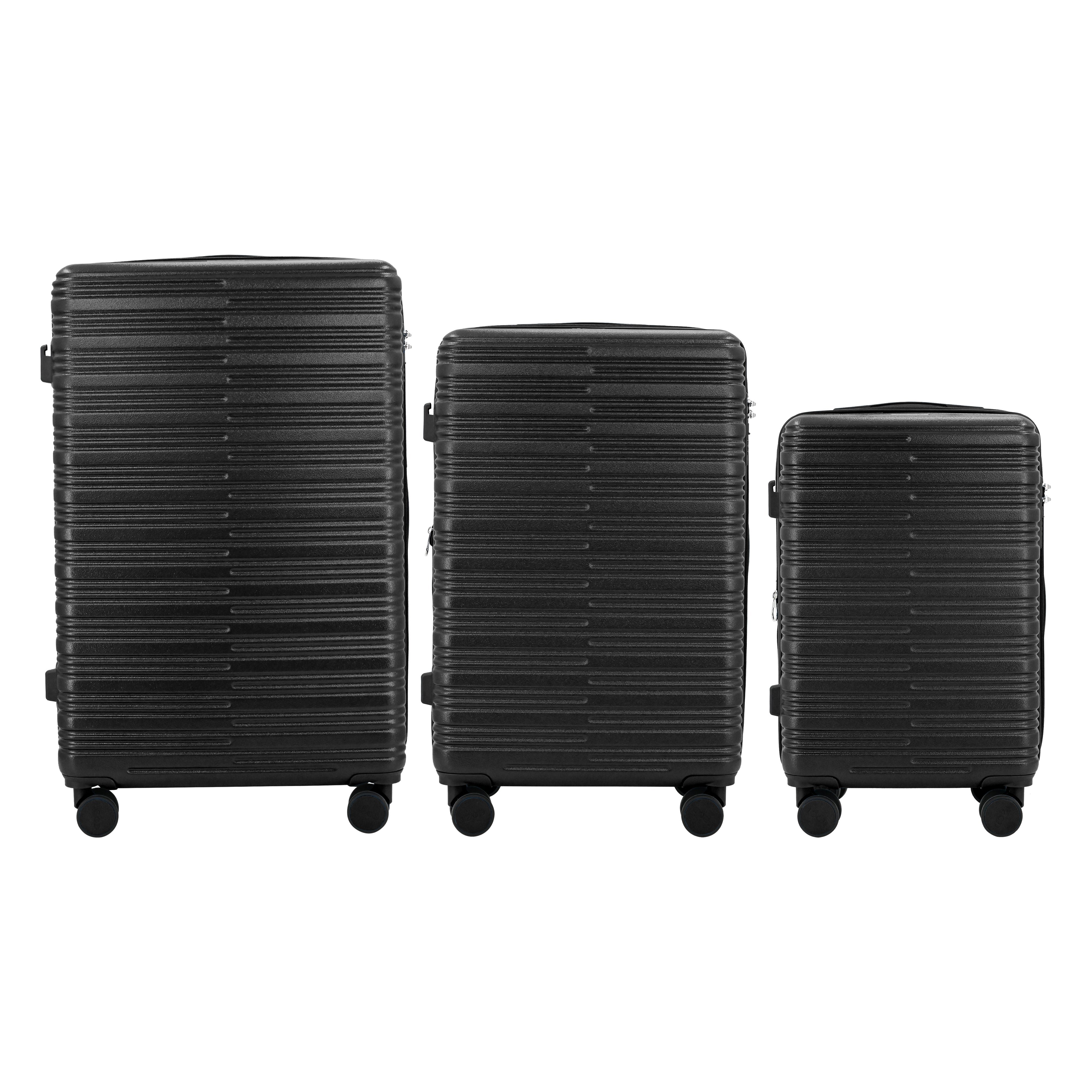 Three black suitcases of different sizes on a white background