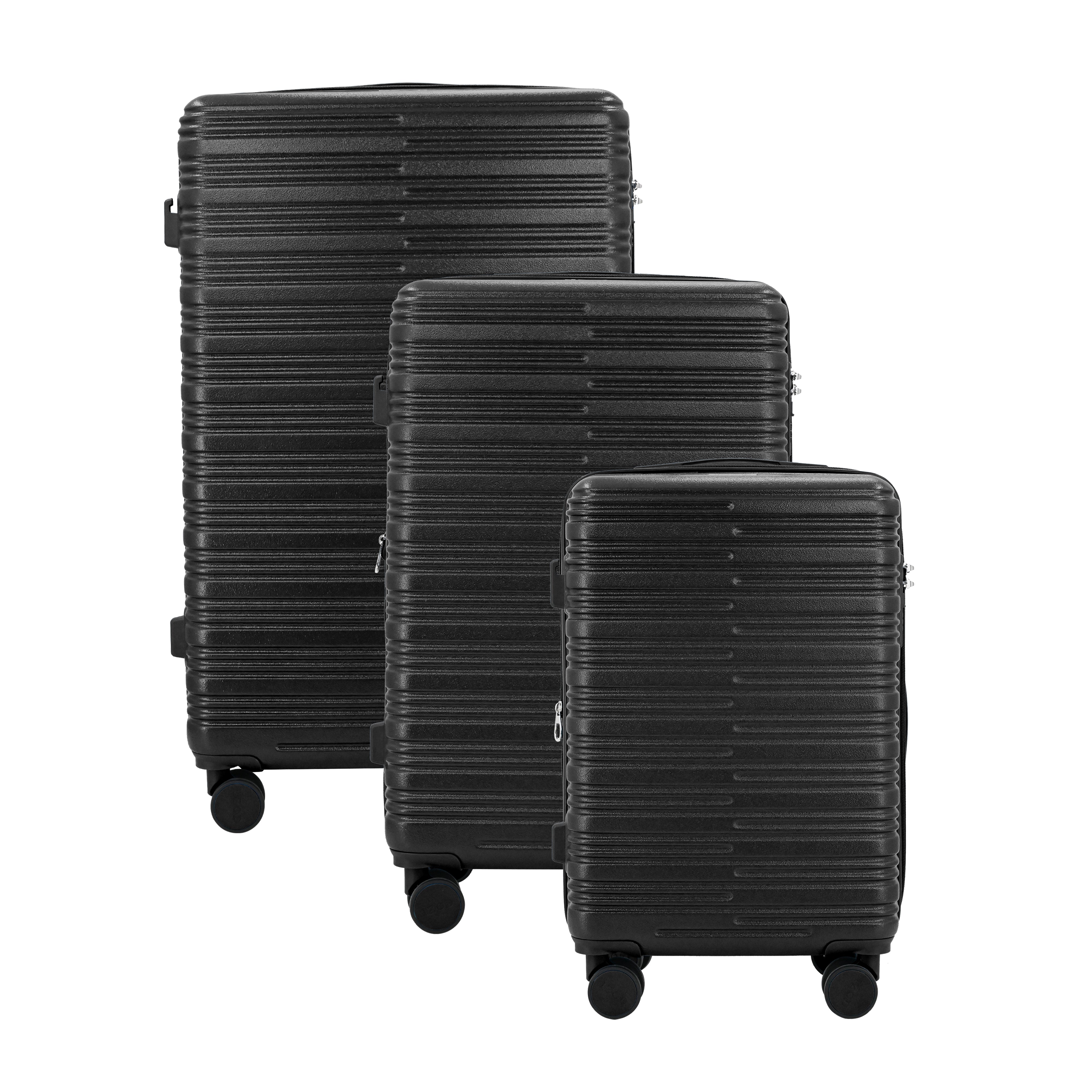 Set of three black suitcases of different sizes on a white background