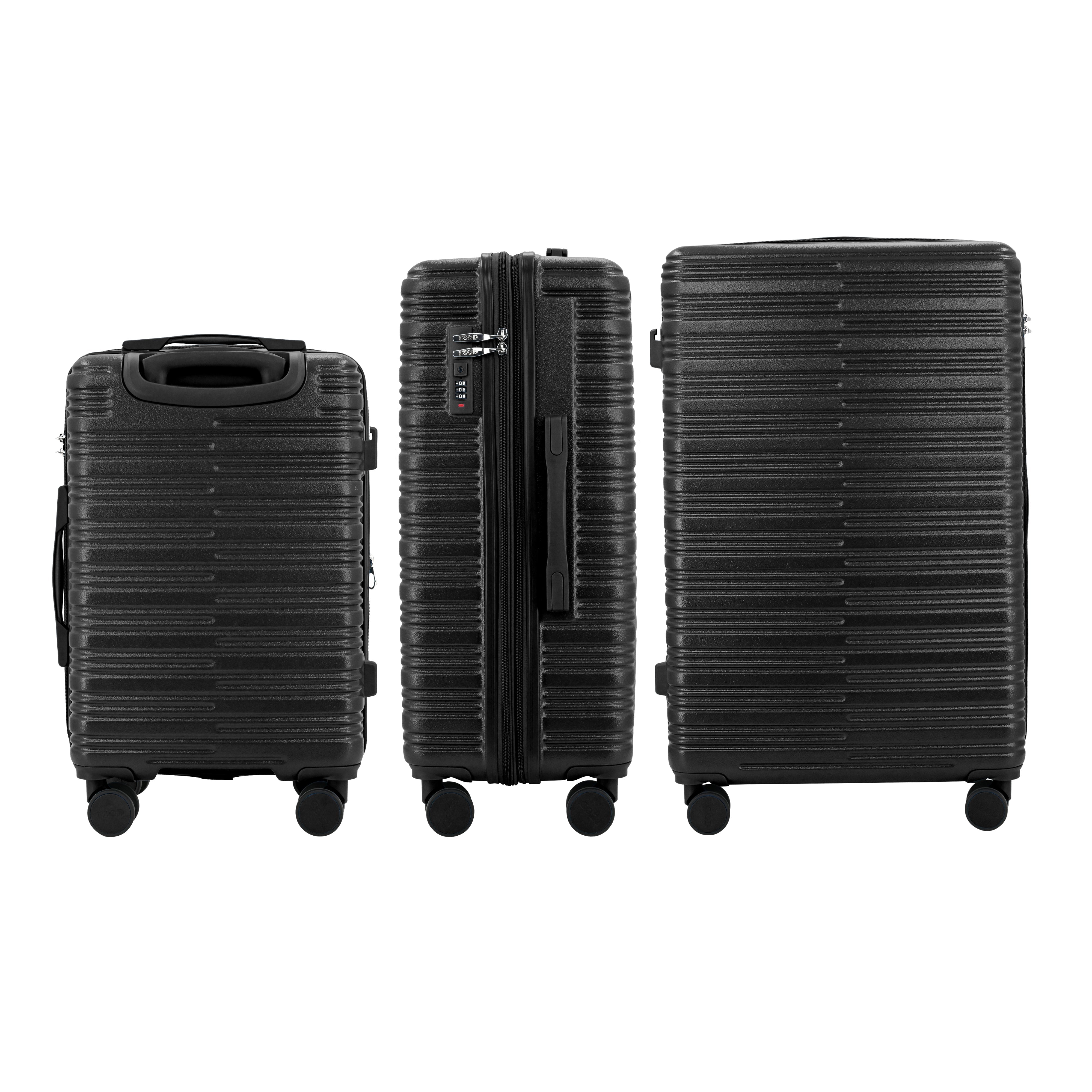 Three black suitcases of different sizes on a white background