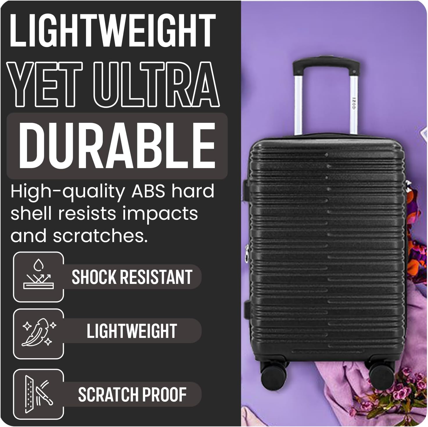 Black suitcase with features highlighted on a purple background